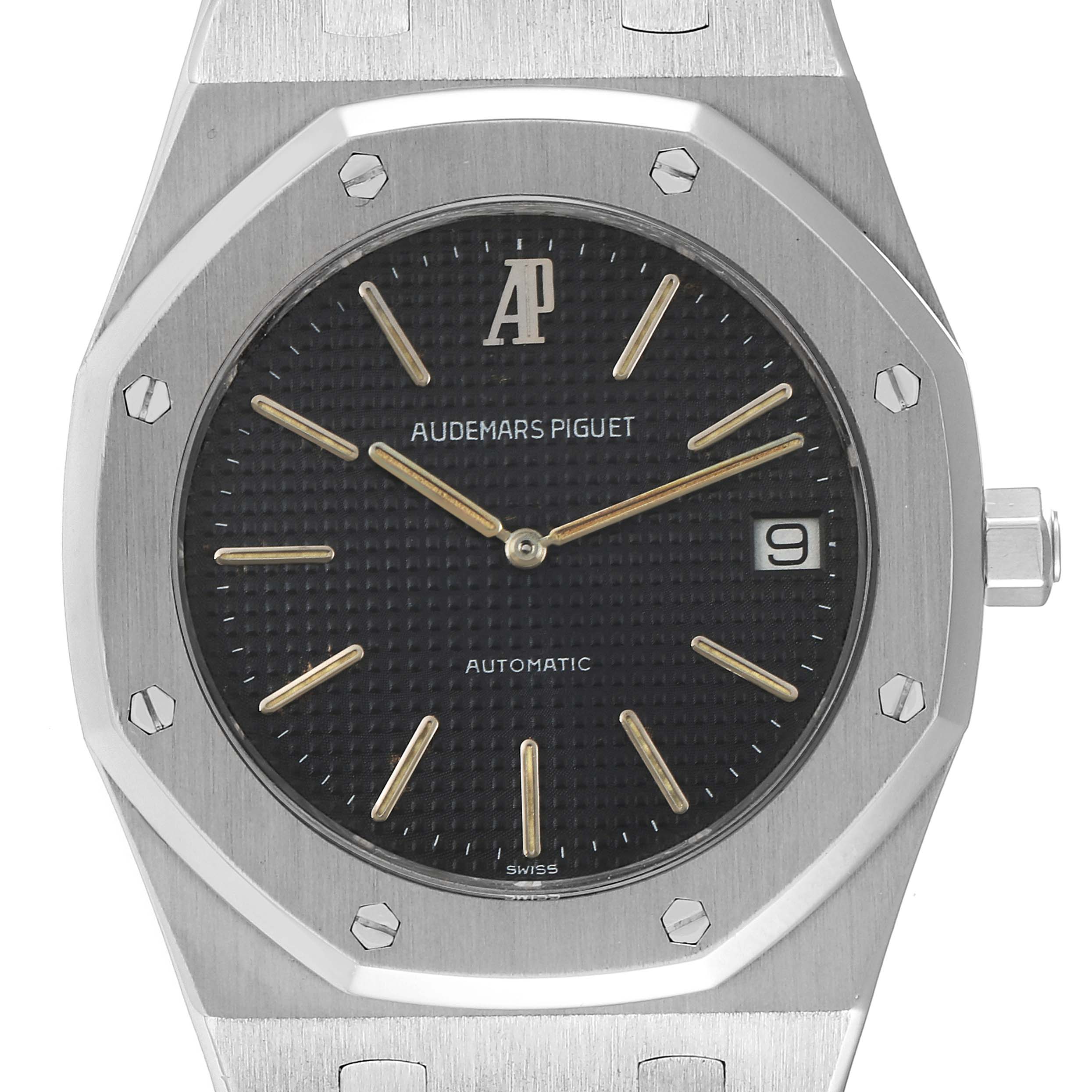 This image shows a close-up, front view of the dial and bezel of the Audemars Piguet Royal Oak 5402ST Men's Stainless Steel Black Dial 5402ST Men's Stainless Steel Black Dial watch.