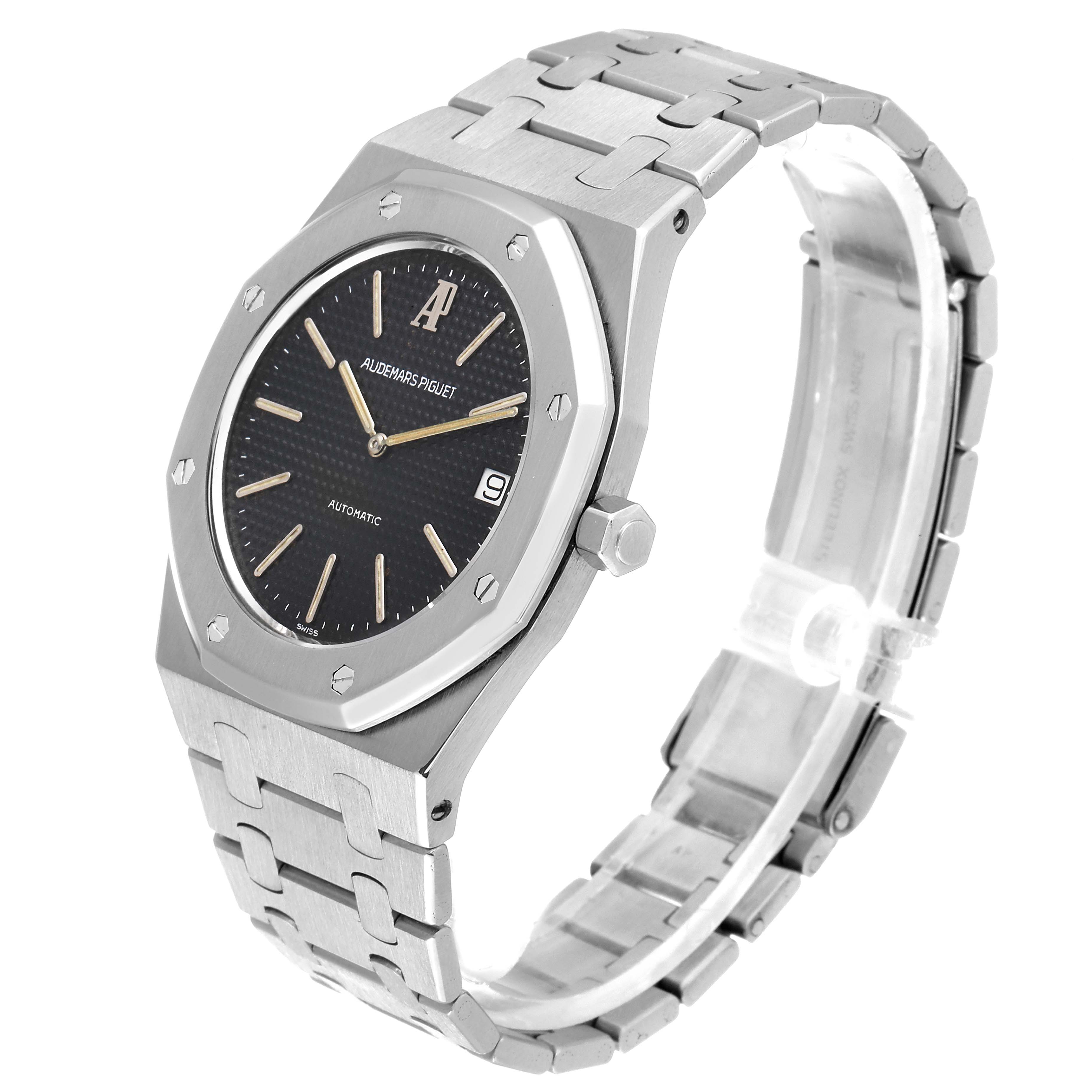 This image shows an angled view of the Audemars Piguet Royal Oak 5402ST Men's Stainless Steel Black Dial 5402ST Men's Stainless Steel Black Dial watch, highlighting the face, bezel, bracelet, and clasp.