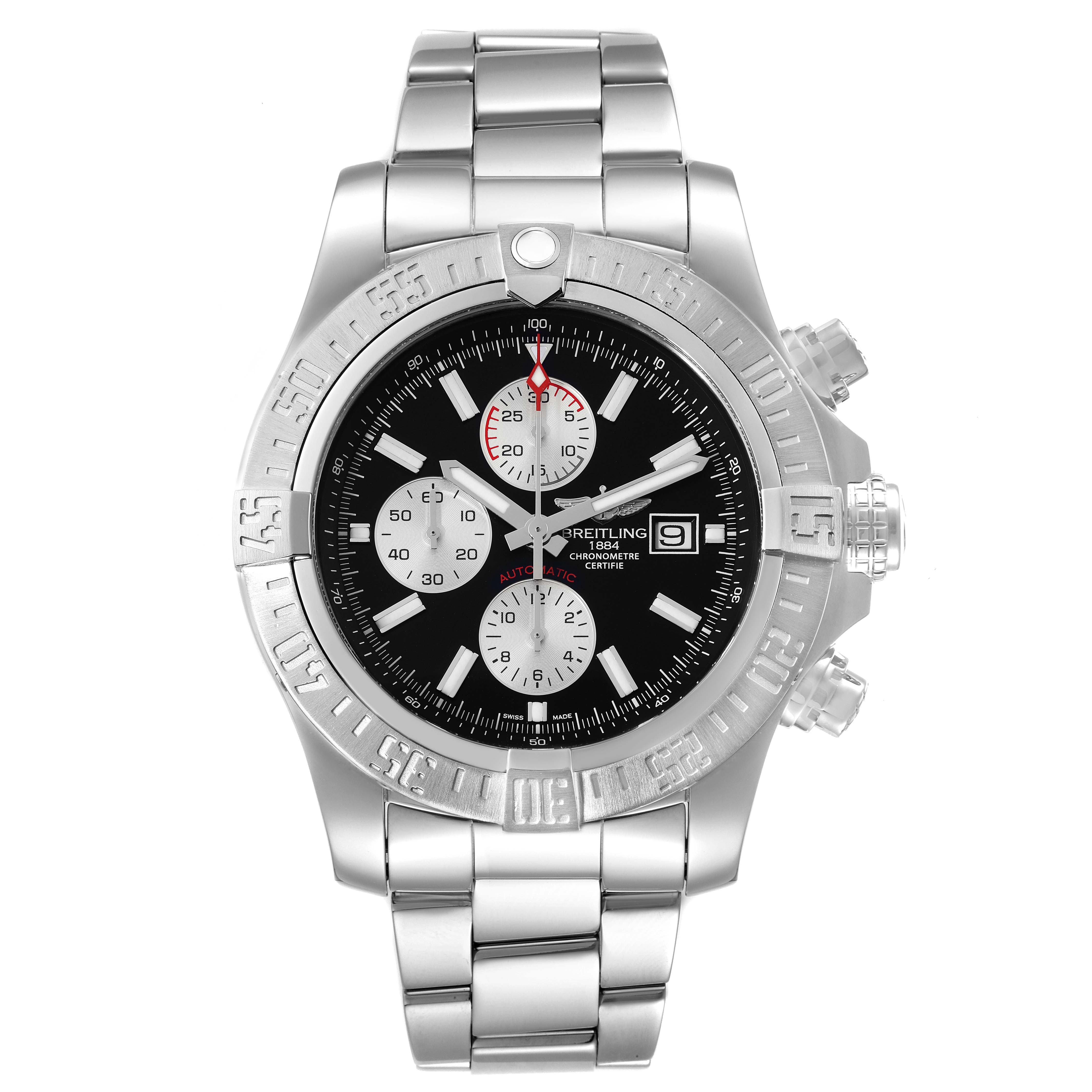 The Breitling Avenger A1337111/BC29 Men's Stainless Steel Black Dial A1337111/BC29 Men's Stainless Steel Black Dial watch is shown from a top-down angle, highlighting its face, bezel, and stainless steel bracelet.