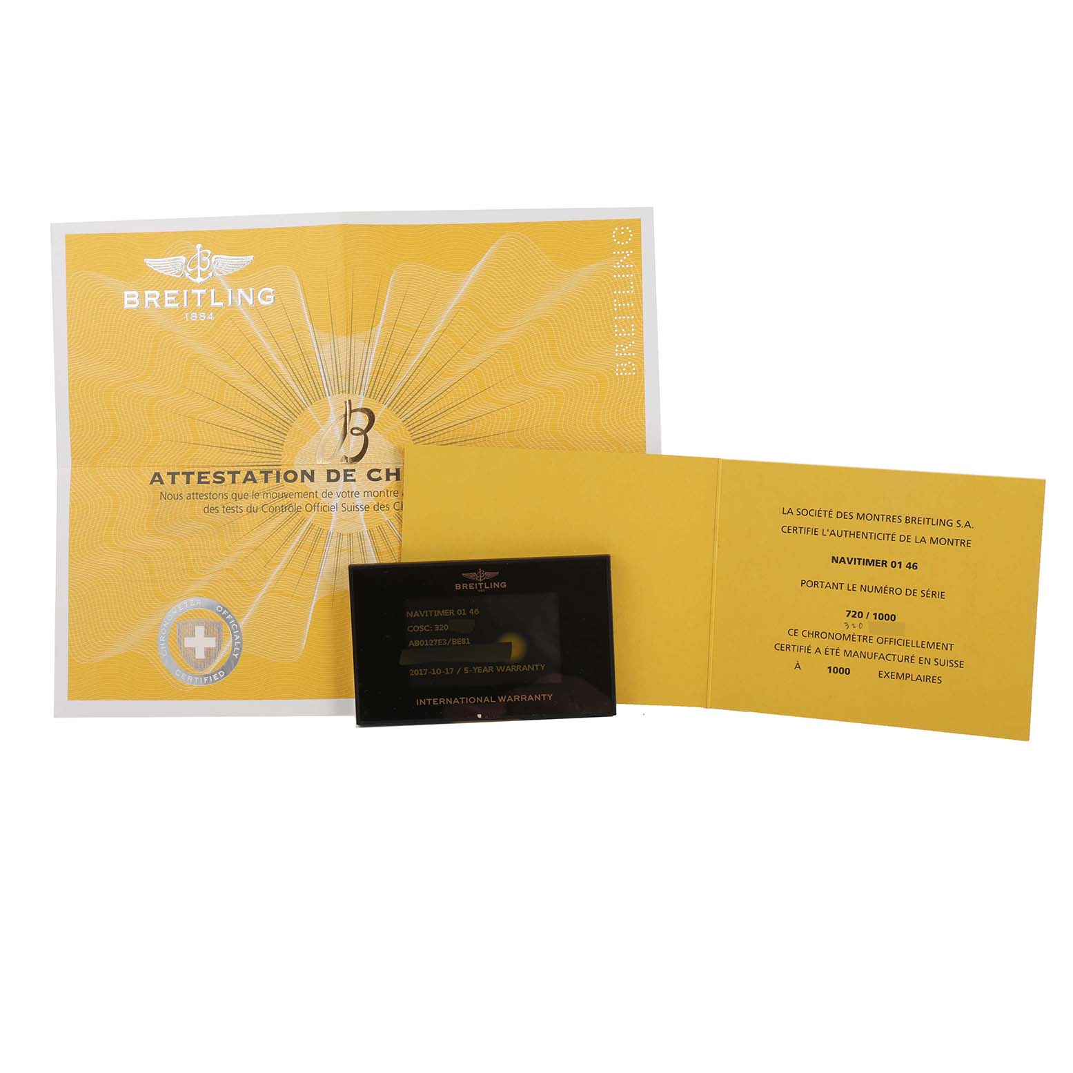 The image shows the certificate and warranty card for a Breitling Navitimer AB0127 Men
s Stainless Steel Black Dial AB0127 Men
s Stainless Steel Black Dial 01 Limited Series watch.