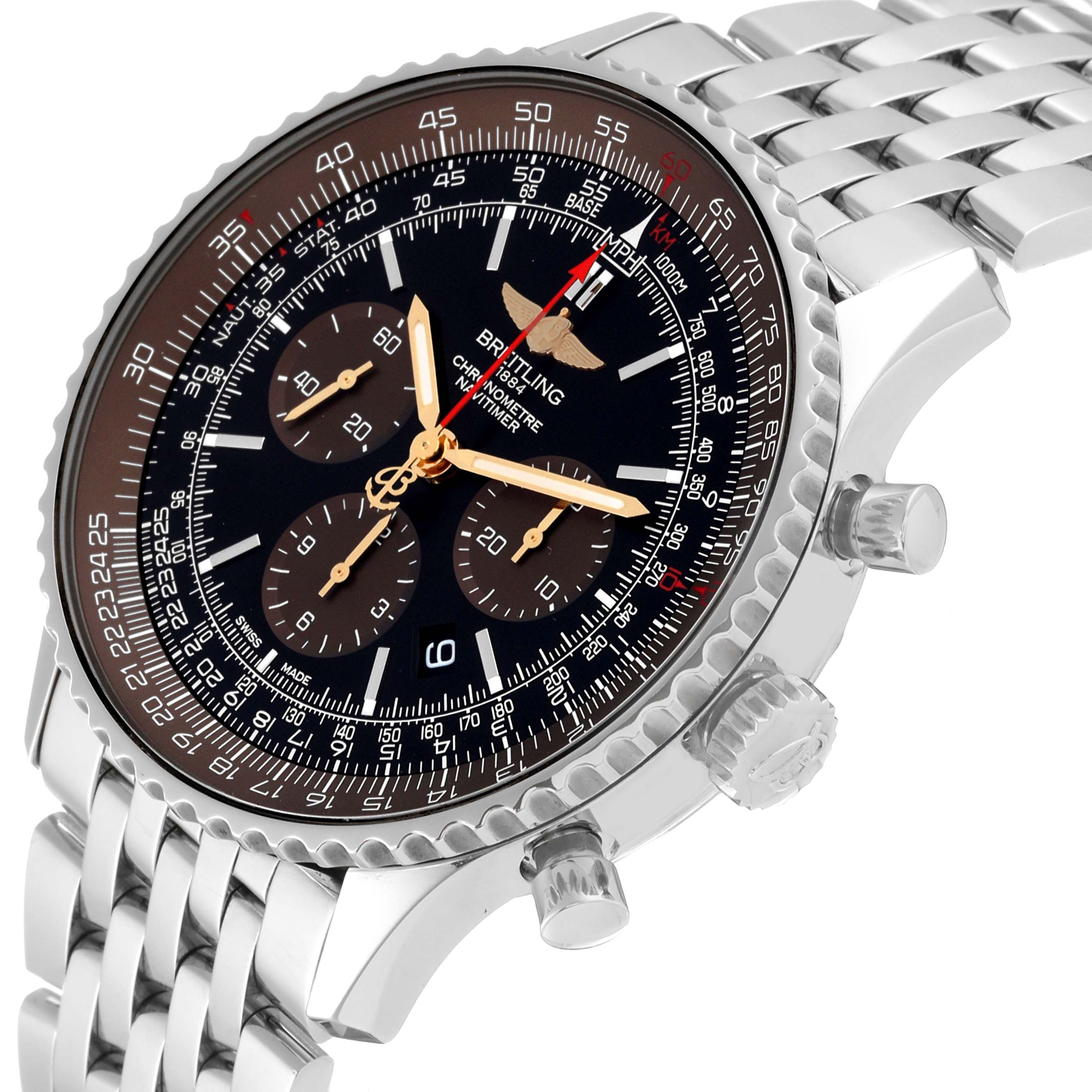 This angle shows the face, dials, bezel, crown, and part of the bracelet of the Breitling Limited Series watch.