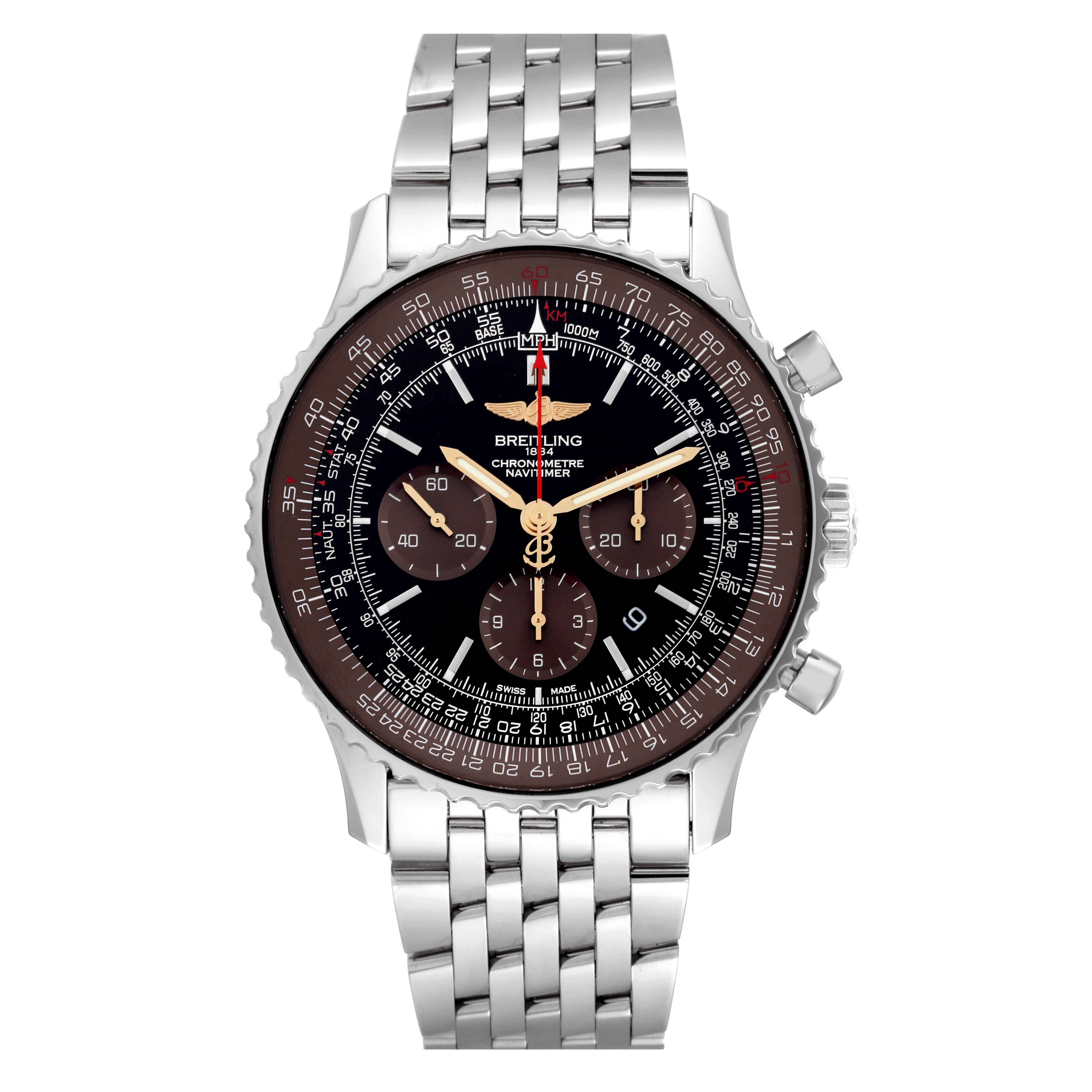 This is a frontal view of the Breitling Limited Series Navitimer, showing the dial, bezel, and metal bracelet.