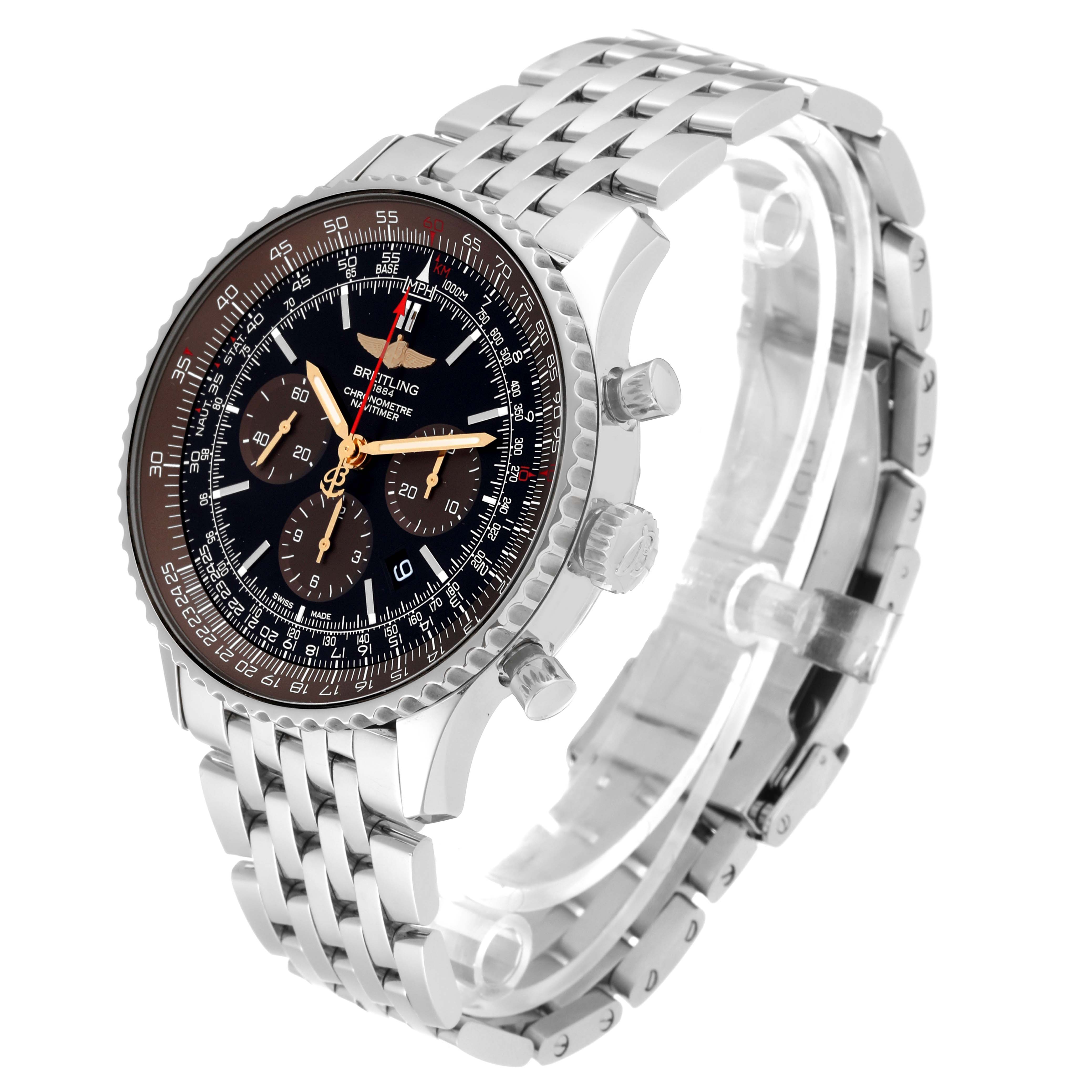 The Breitling Limited Series model is shown at a front angle, highlighting the face, bezel, dial, bracelet, and crown.
