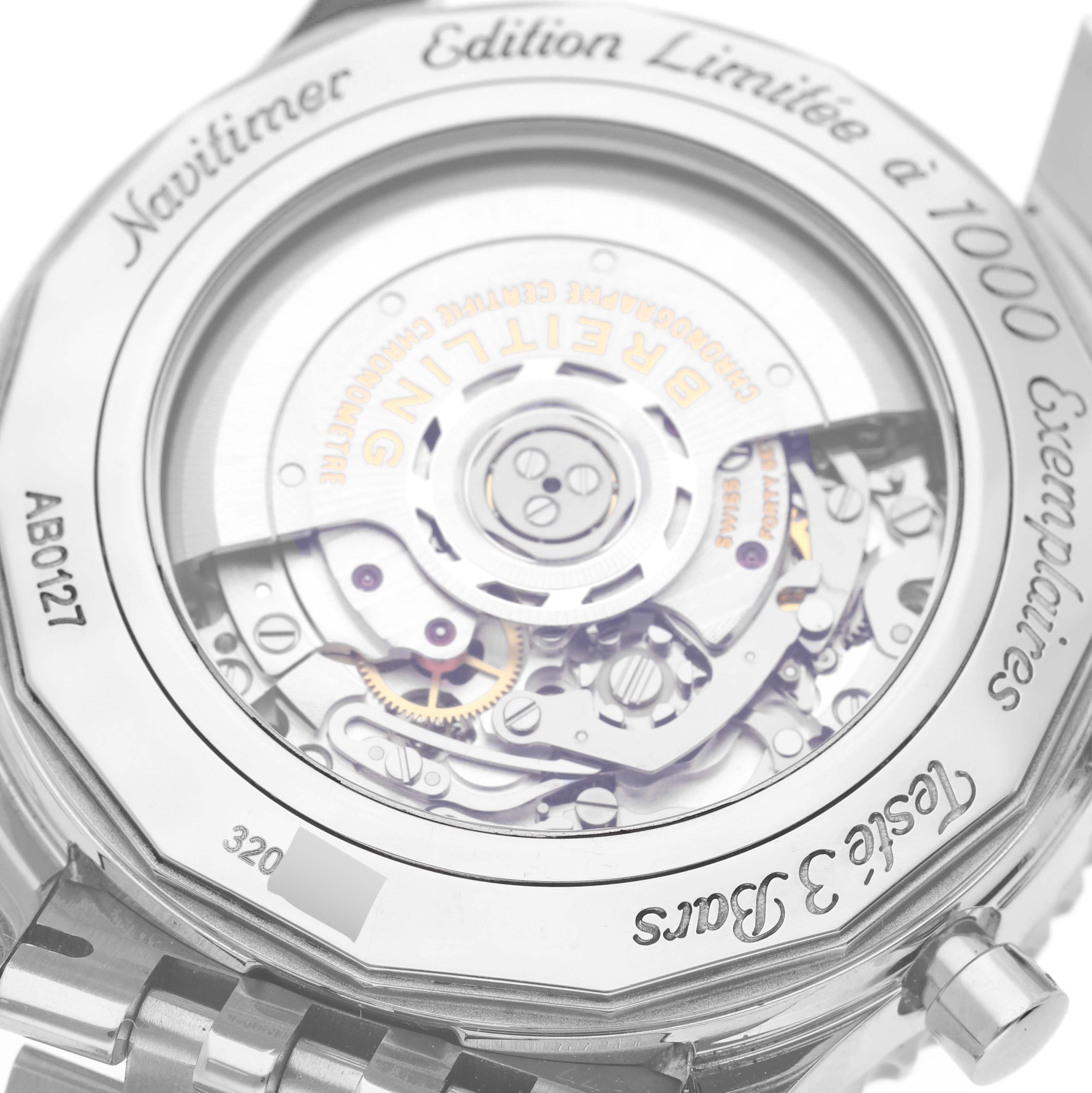 The image shows the rear view of the Breitling Navitimer AB0127 Men
s Stainless Steel Black Dial AB0127 Men
s Stainless Steel Black Dial Limited Series watch, highlighting its intricate movement.