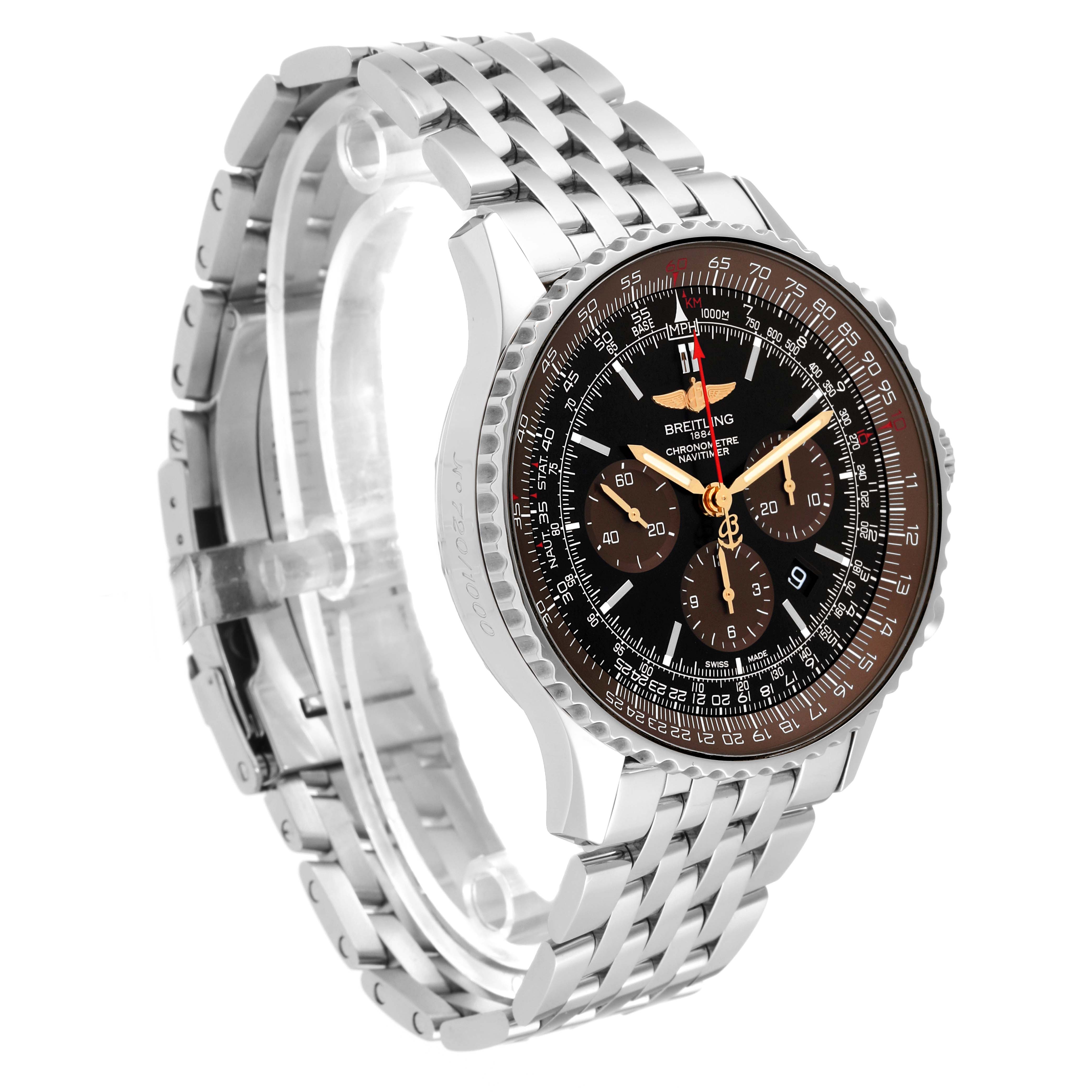 The Breitling Limited Series watch is shown at a three-quarter angle, highlighting the dial and metal bracelet.