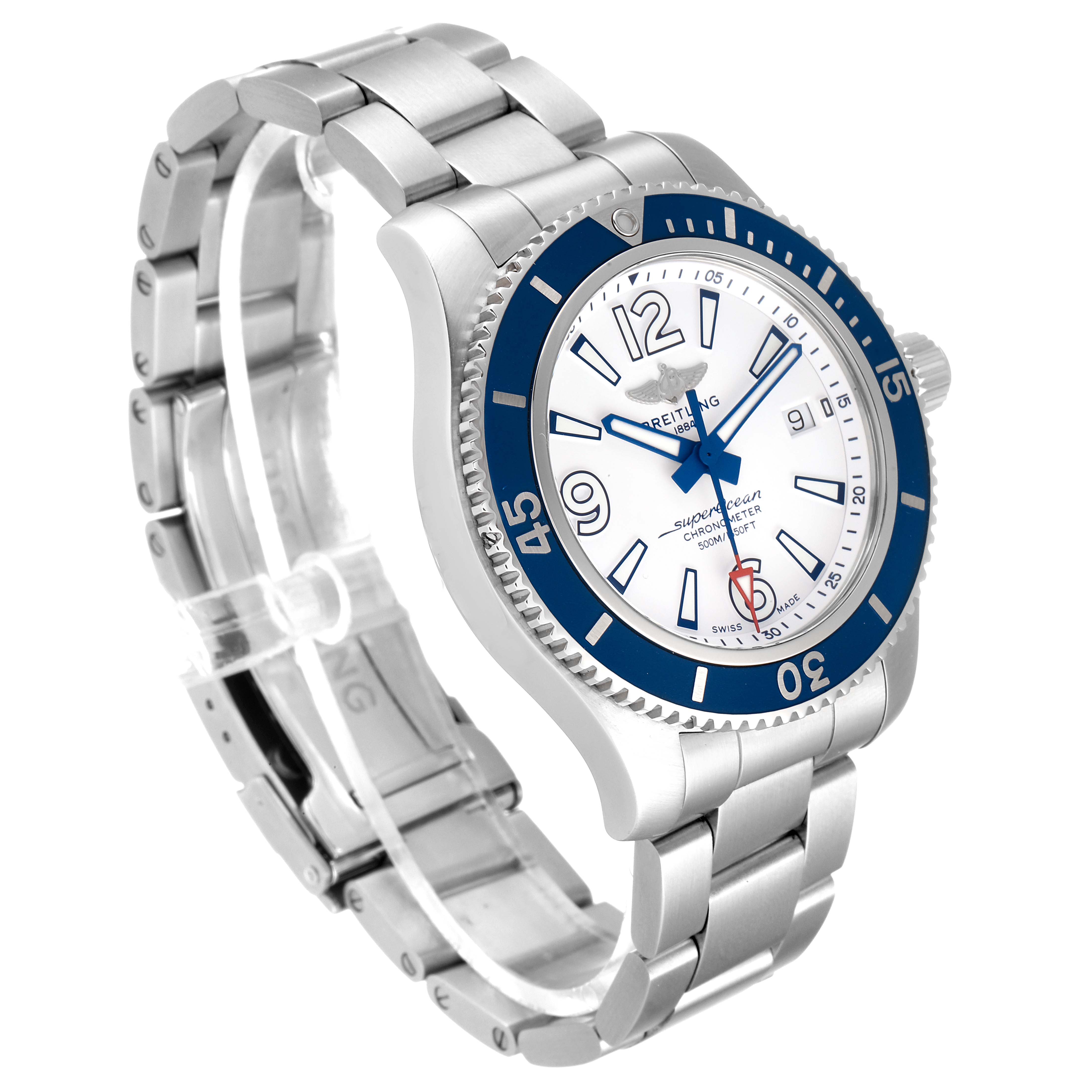 The Breitling Superocean A17366 Men's Stainless Steel White Dial A17366 Men's Stainless Steel White Dial watch is shown at a slight angle, displaying its face, bezel, crown, and metal bracelet.