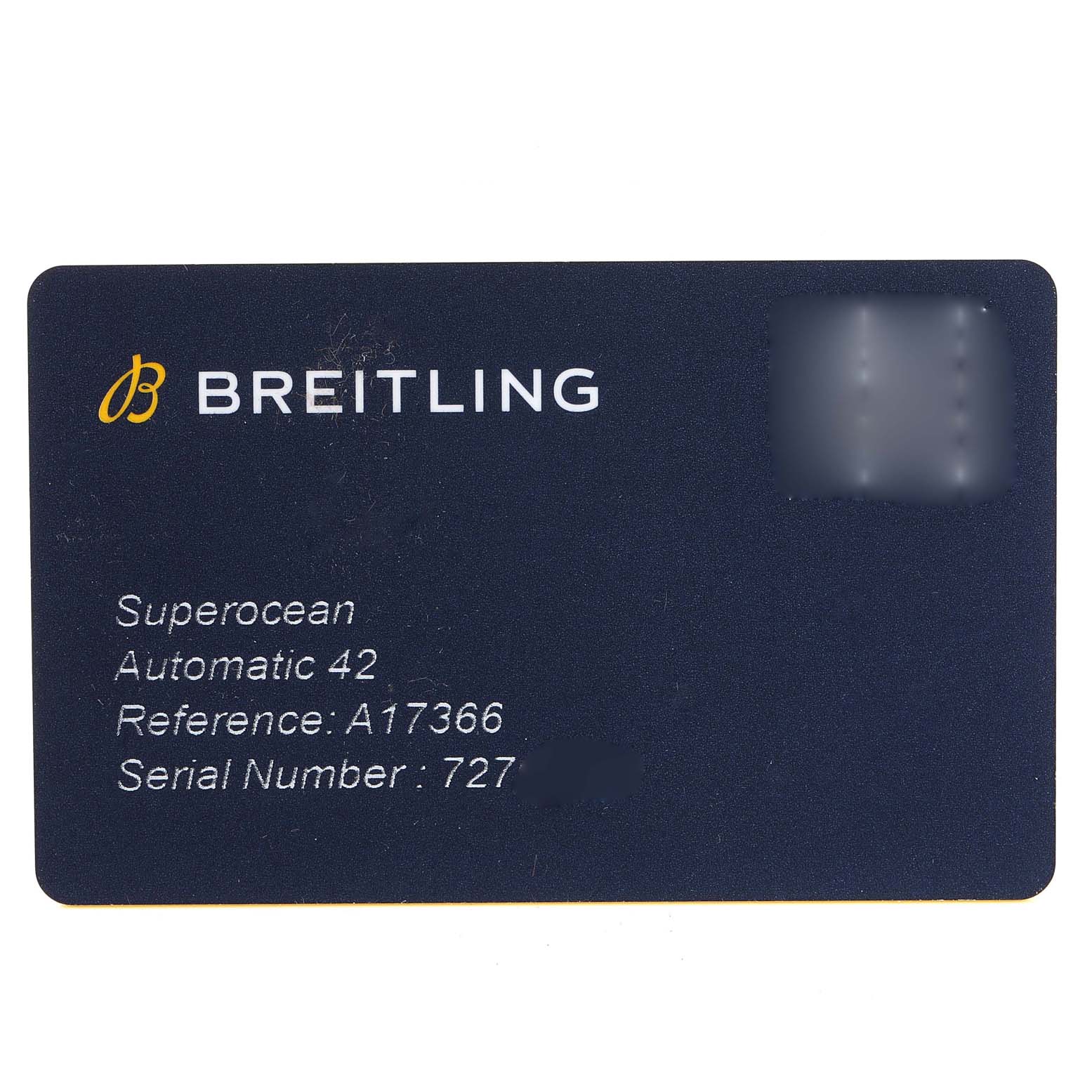 This image shows an identification card for the Breitling Superocean A17366 Men's Stainless Steel White Dial A17366 Men's Stainless Steel White Dial Automatic 42 model with reference and serial numbers.