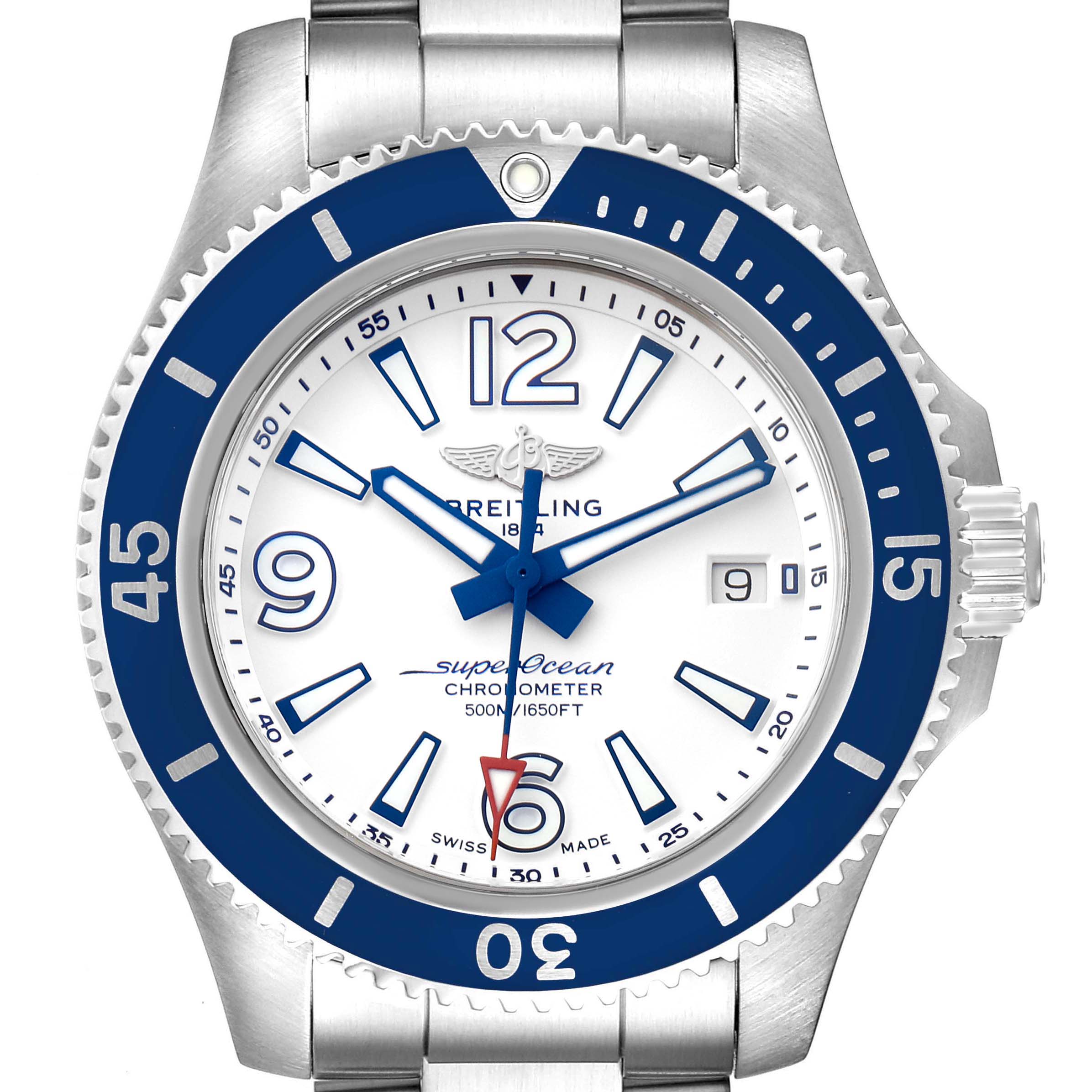 The image shows a front-facing view of the Breitling Superocean A17366 Men's Stainless Steel White Dial A17366 Men's Stainless Steel White Dial watch, highlighting the dial, bezel, and date display.