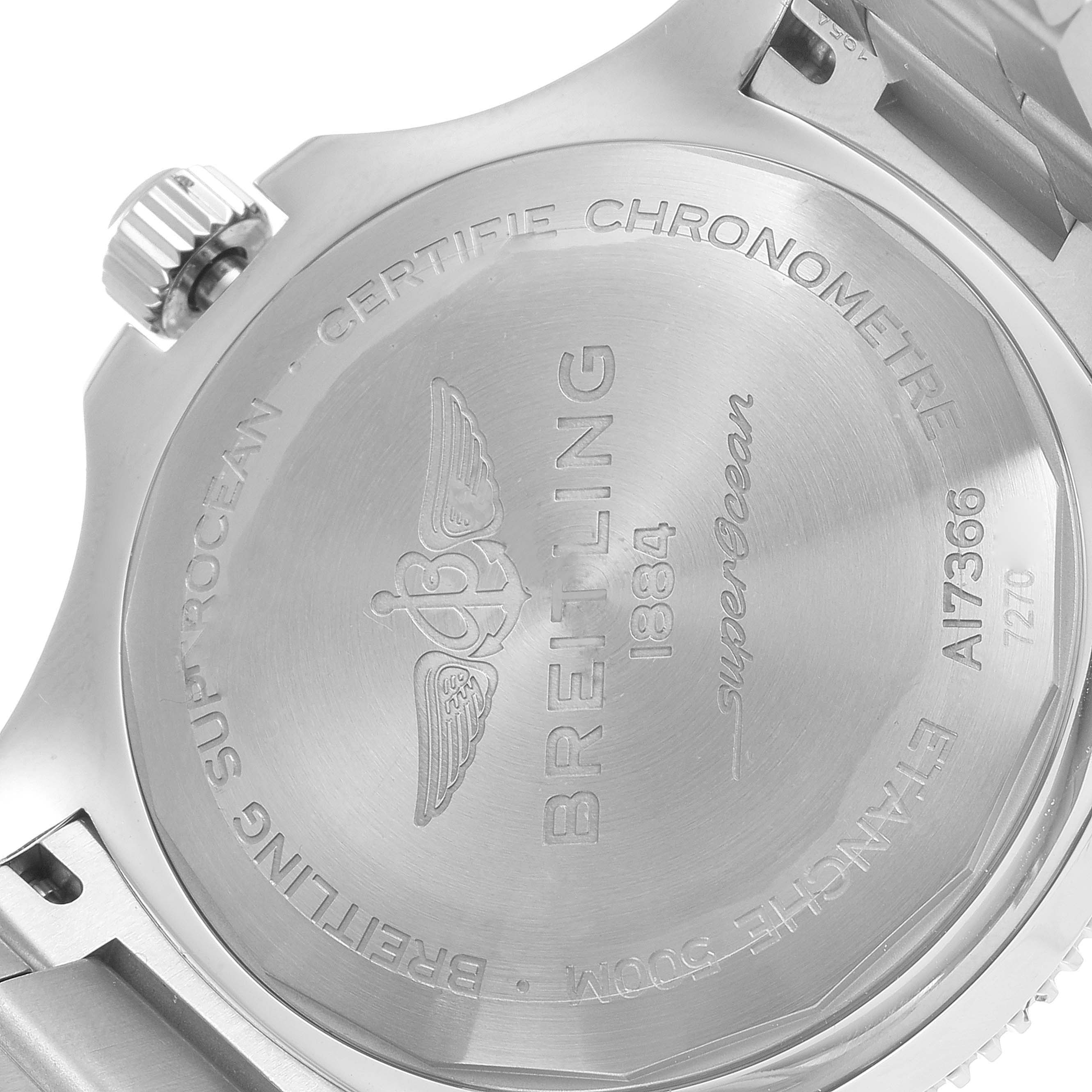 The image shows the case back of a Breitling Superocean A17366 Men's Stainless Steel White Dial A17366 Men's Stainless Steel White Dial watch at an angled close-up view.