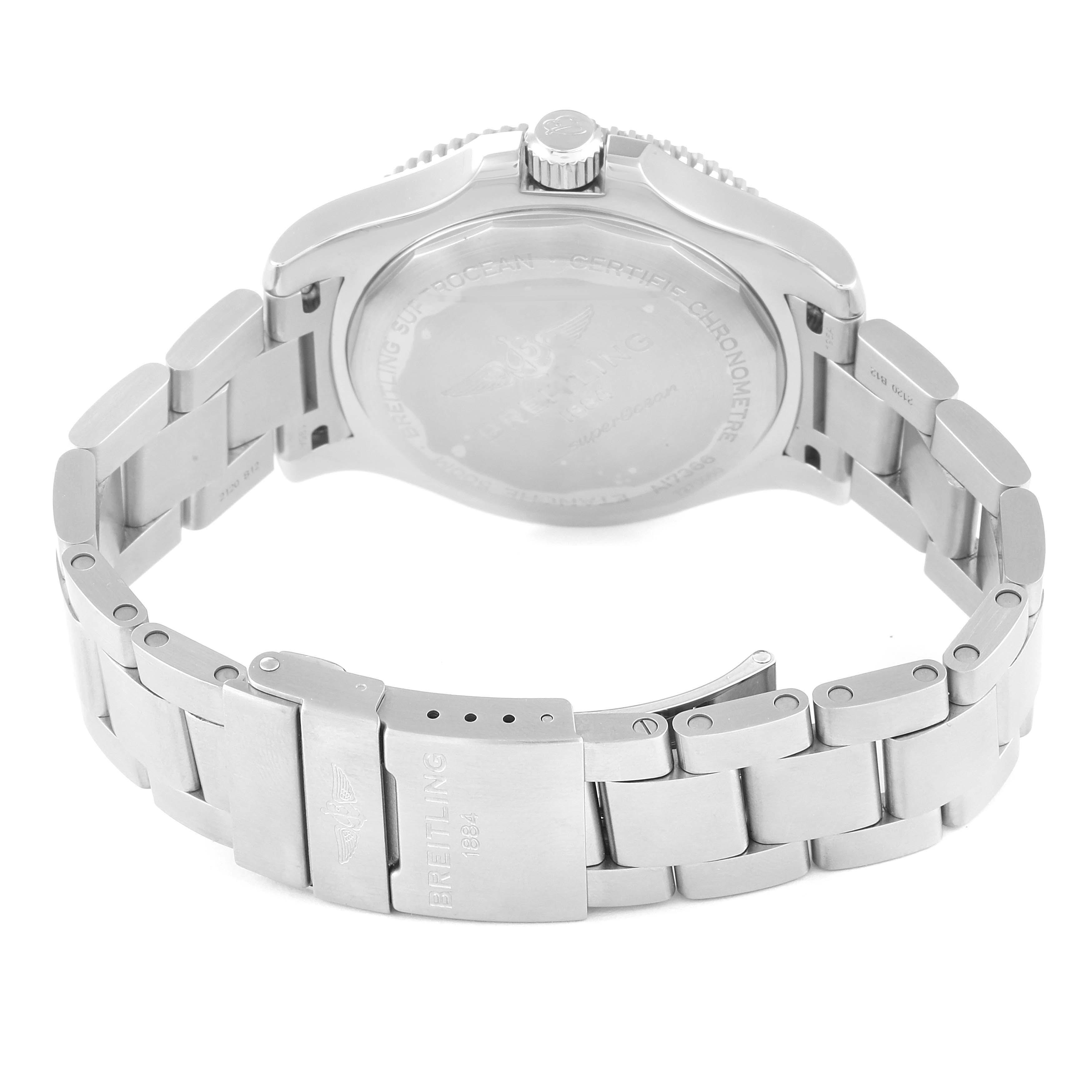 This image shows the back of the Breitling Superocean A17366 Men's Stainless Steel White Dial A17366 Men's Stainless Steel White Dial watch, including the case back, bracelet, and clasp.