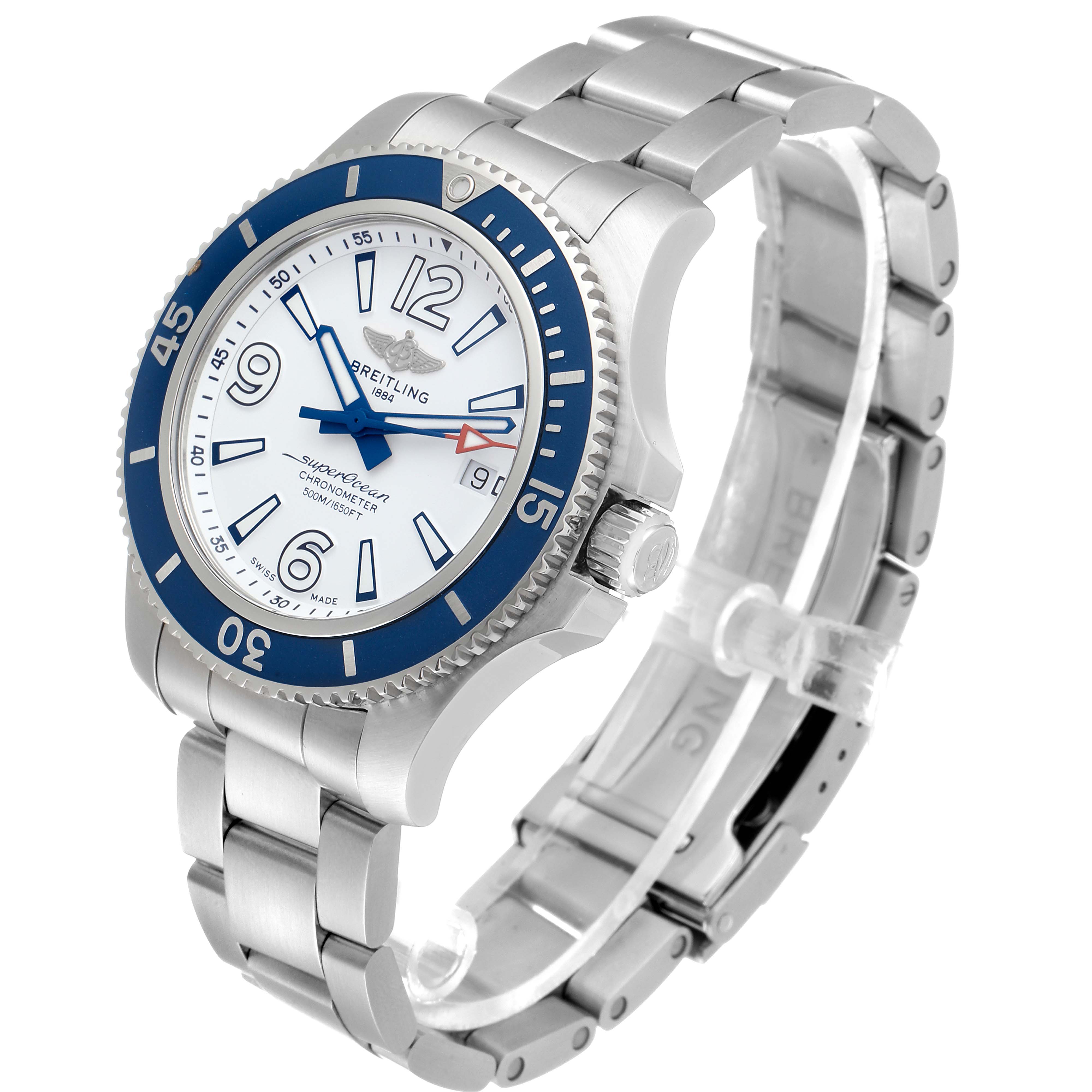 The Breitling Superocean A17366 Men's Stainless Steel White Dial A17366 Men's Stainless Steel White Dial watch is shown at an angled side view, highlighting its face, bezel, crown, and bracelet.