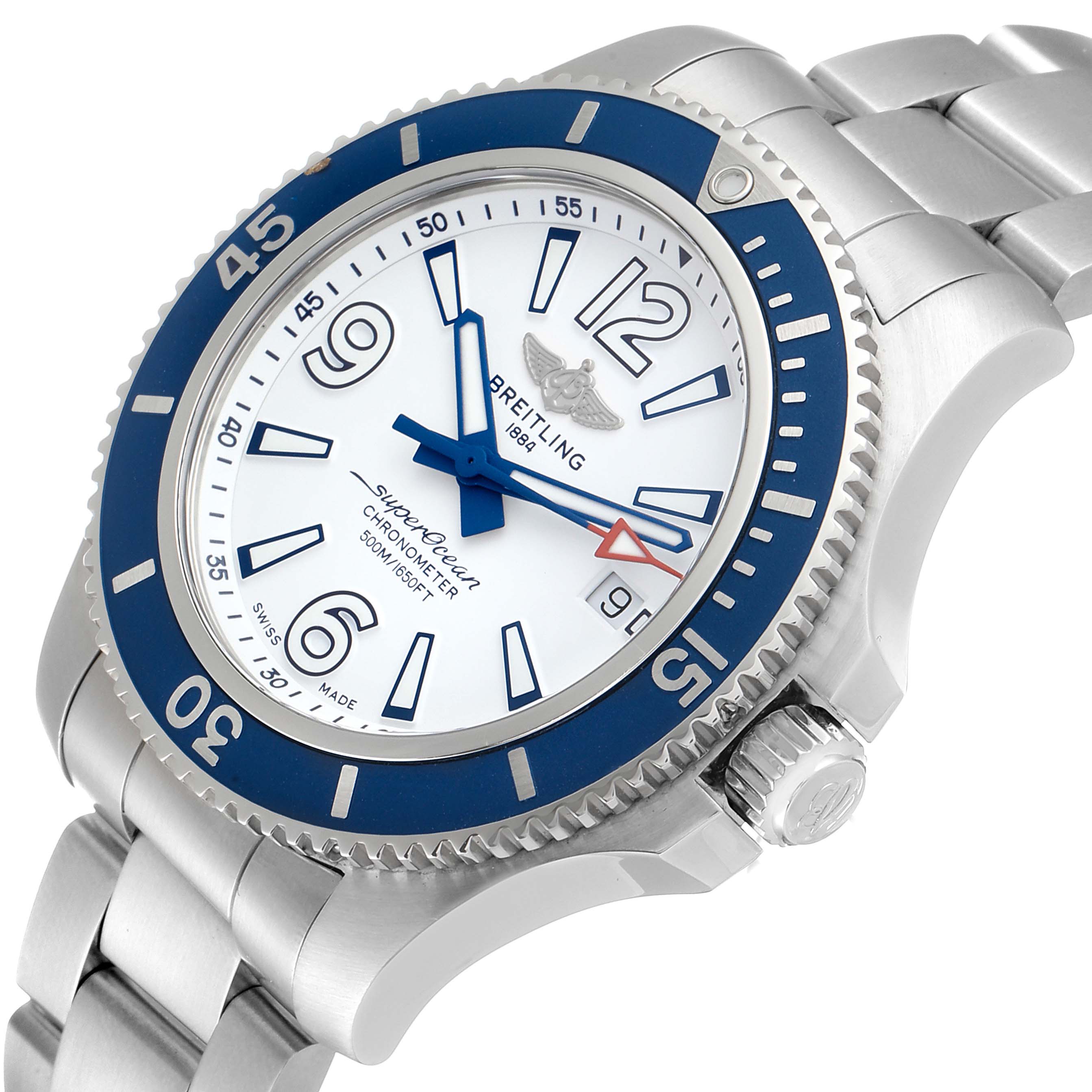 The image shows a Breitling Superocean A17366 Men's Stainless Steel White Dial A17366 Men's Stainless Steel White Dial watch from a front side angle, highlighting the bezel, dial, and part of the bracelet.