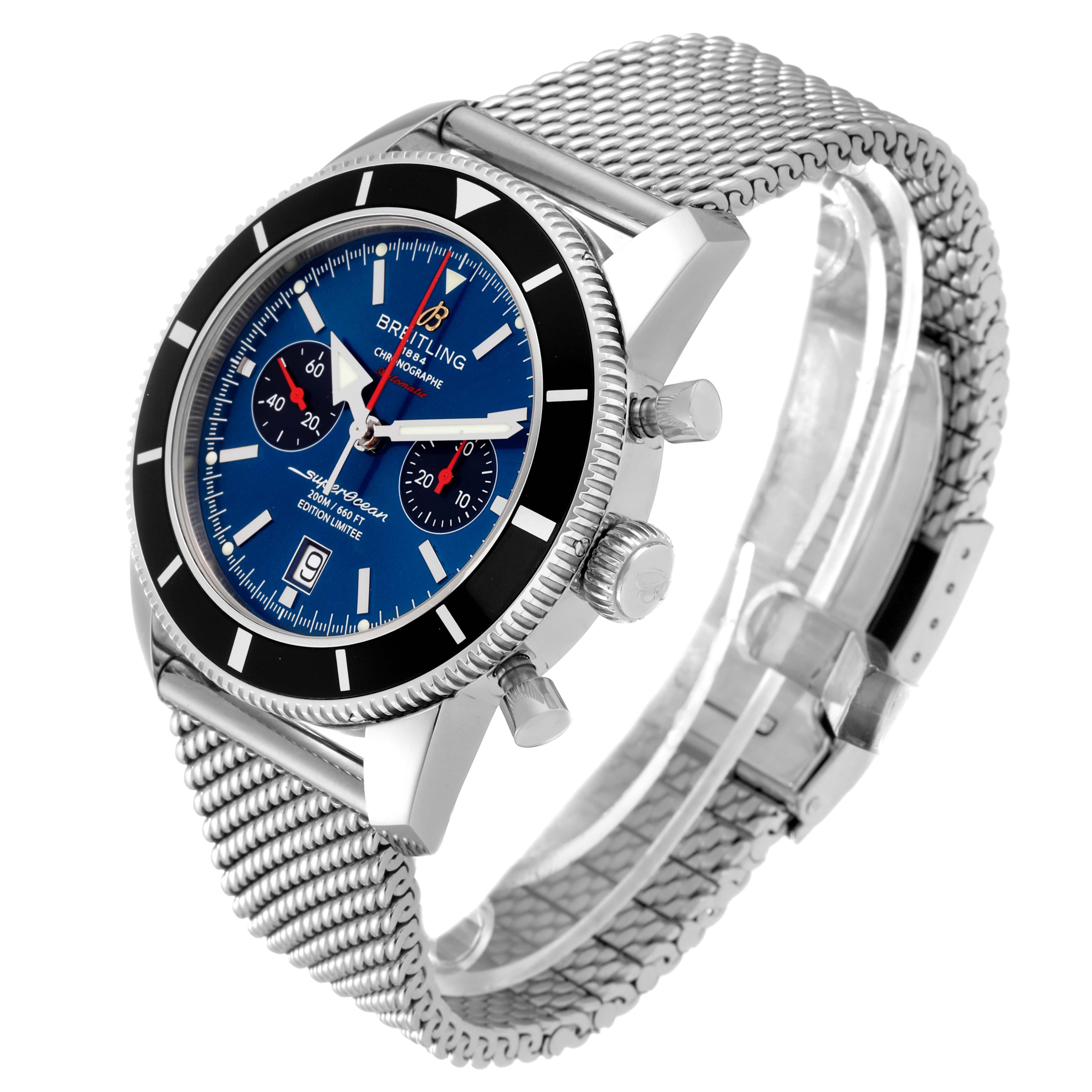 The image shows a Breitling Limited Series watch at an angle highlighting its face, chronograph dials, crown, and steel mesh band.