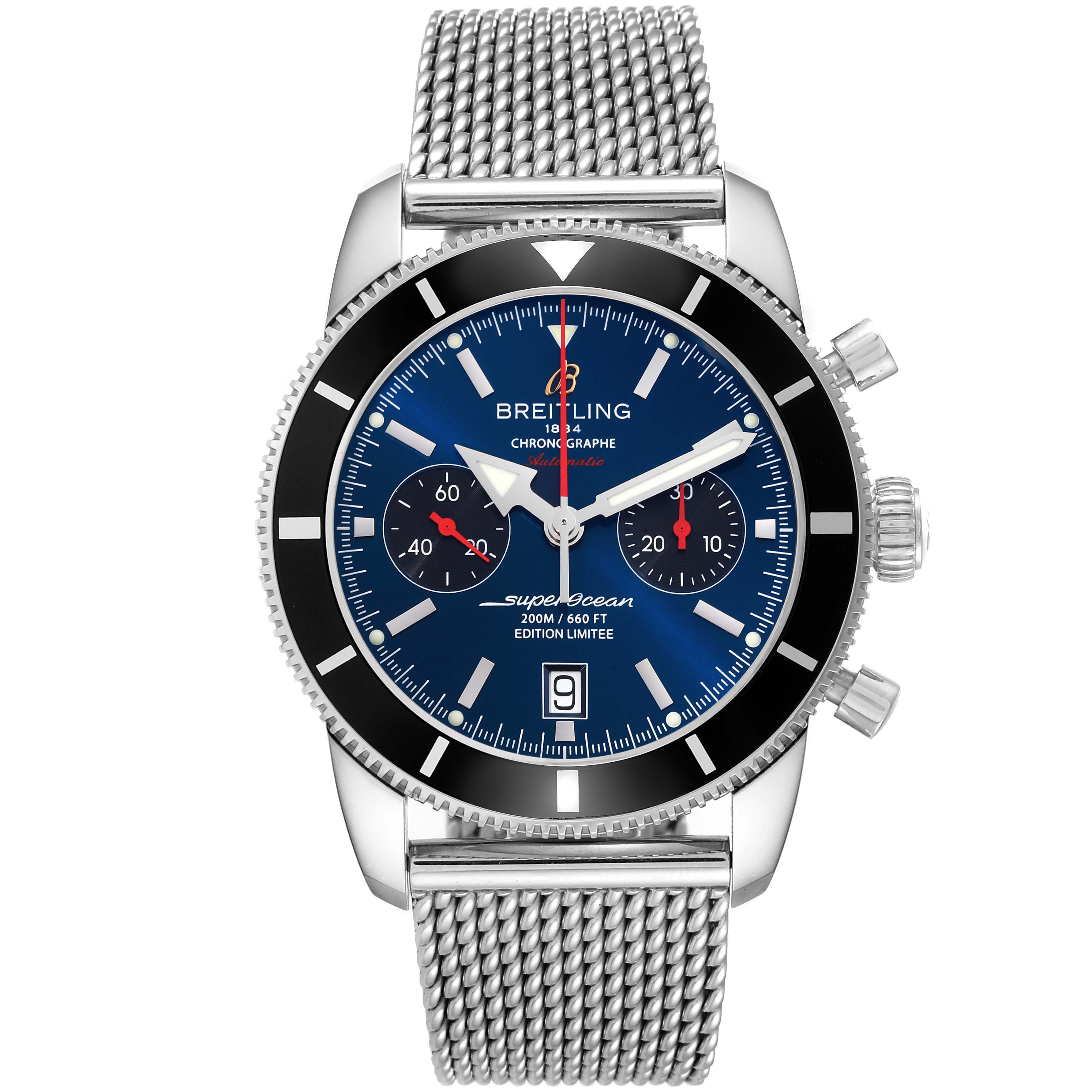 The front angle of the Breitling Limited Series watch shows the face, bezel, chronograph dials, and metal band.