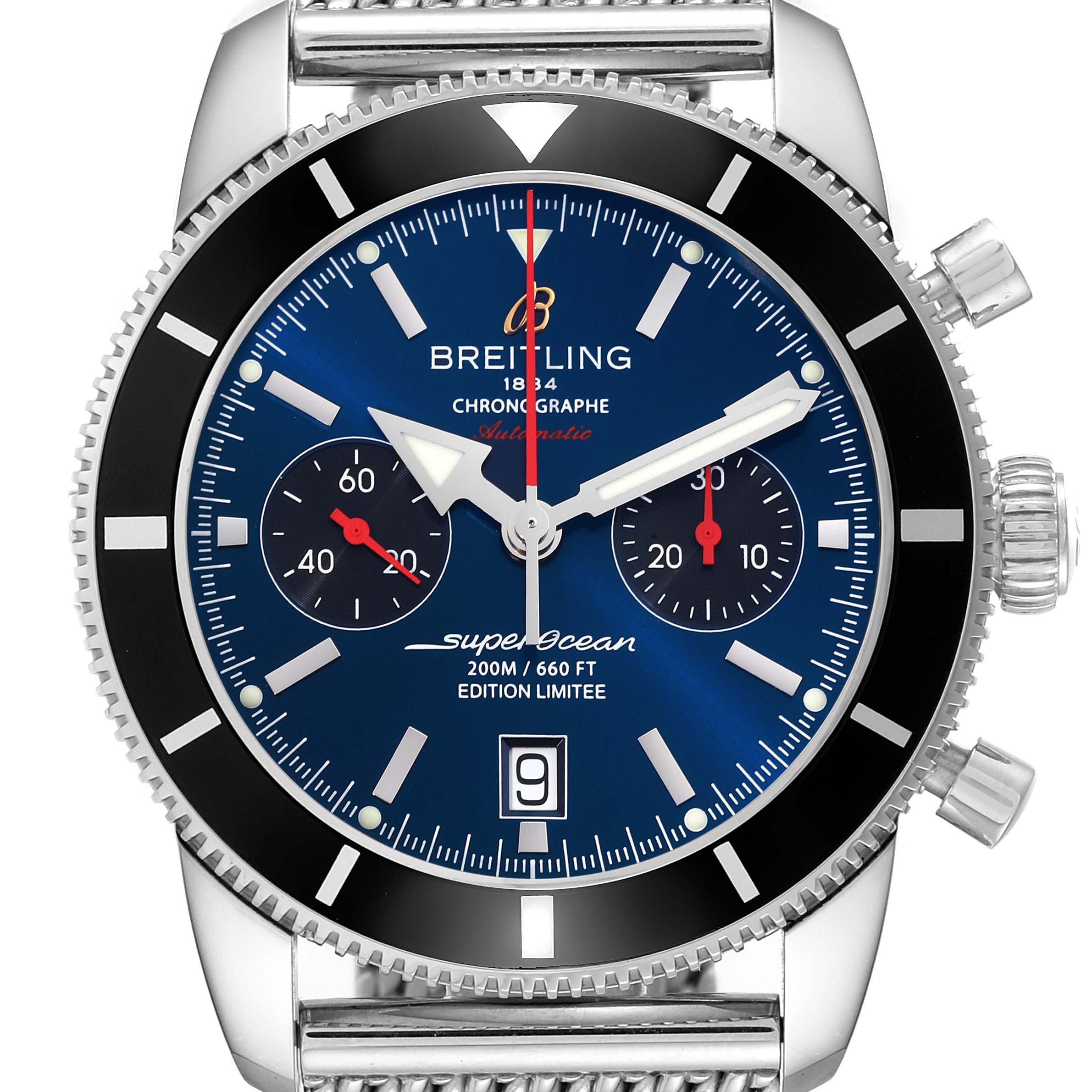 The image shows a front view of a Breitling Superocean A23320 Men's Stainless Steel Blue Dial A23320 Men's Stainless Steel Blue Dial watch, highlighting its dial, chronograph, bezel, and crown.