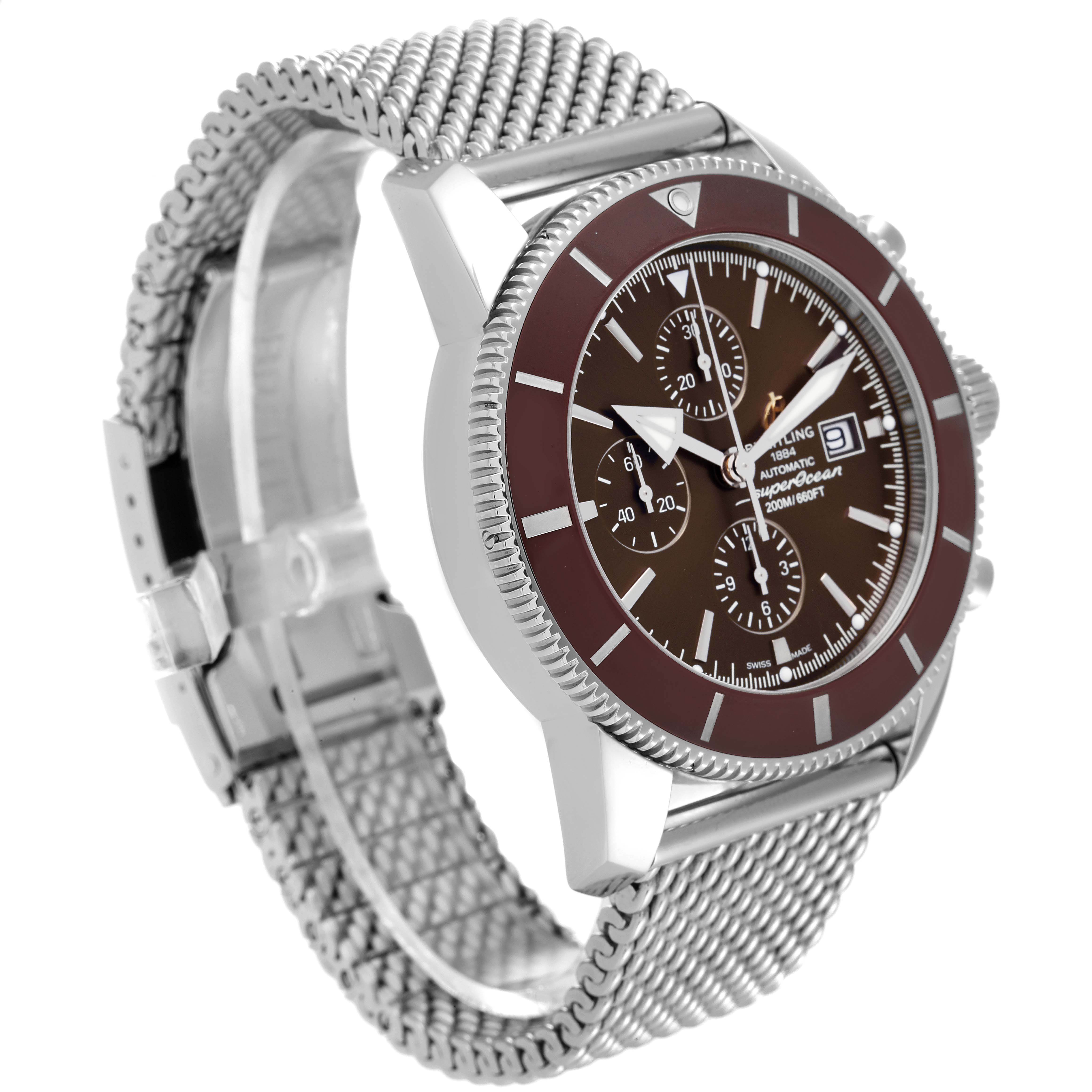 This Breitling Superocean A13312 Men's Stainless Steel Brown Dial A13312 Men's Stainless Steel Brown Dial watch is shown at a front-side angle, featuring its stainless steel case, brown dial, and mesh bracelet.