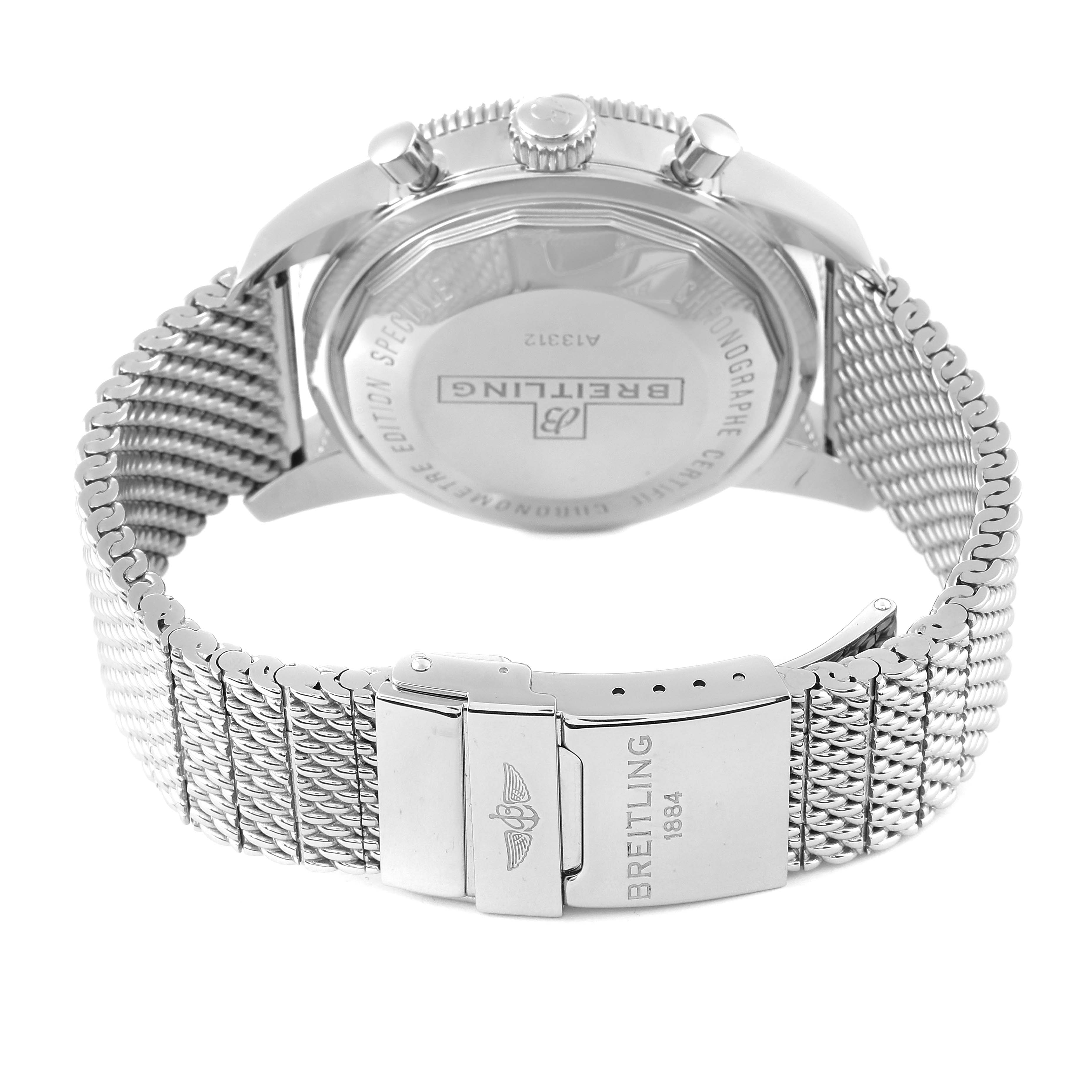 The image shows the back and clasp of the Breitling Superocean A13312 Men's Stainless Steel Brown Dial A13312 Men's Stainless Steel Brown Dial watch, highlighting its stainless steel mesh bracelet and engraved case back.