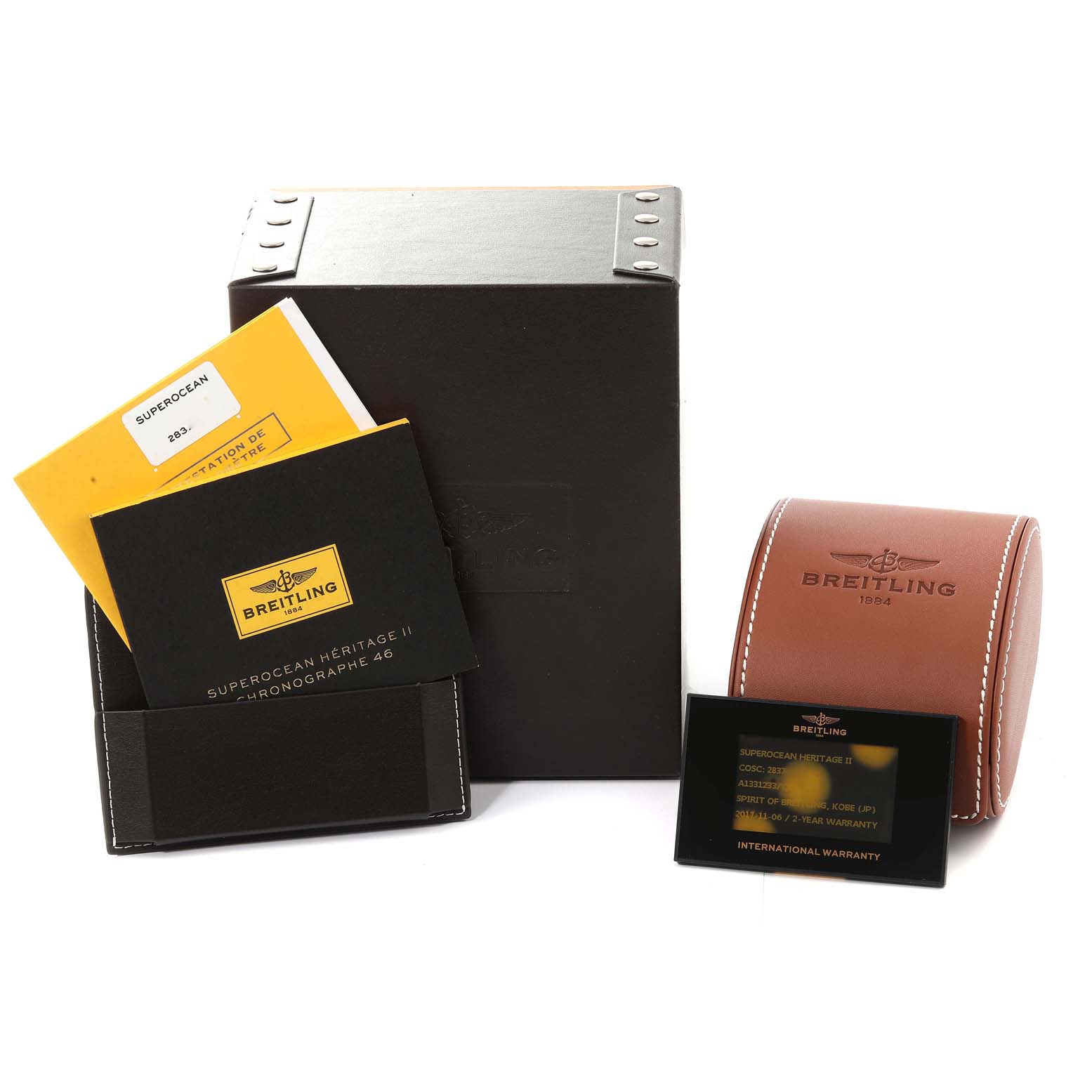 The image shows the packaging, warranty, and documentation for a Breitling Superocean A13312 Men's Stainless Steel Brown Dial A13312 Men's Stainless Steel Brown Dial watch.