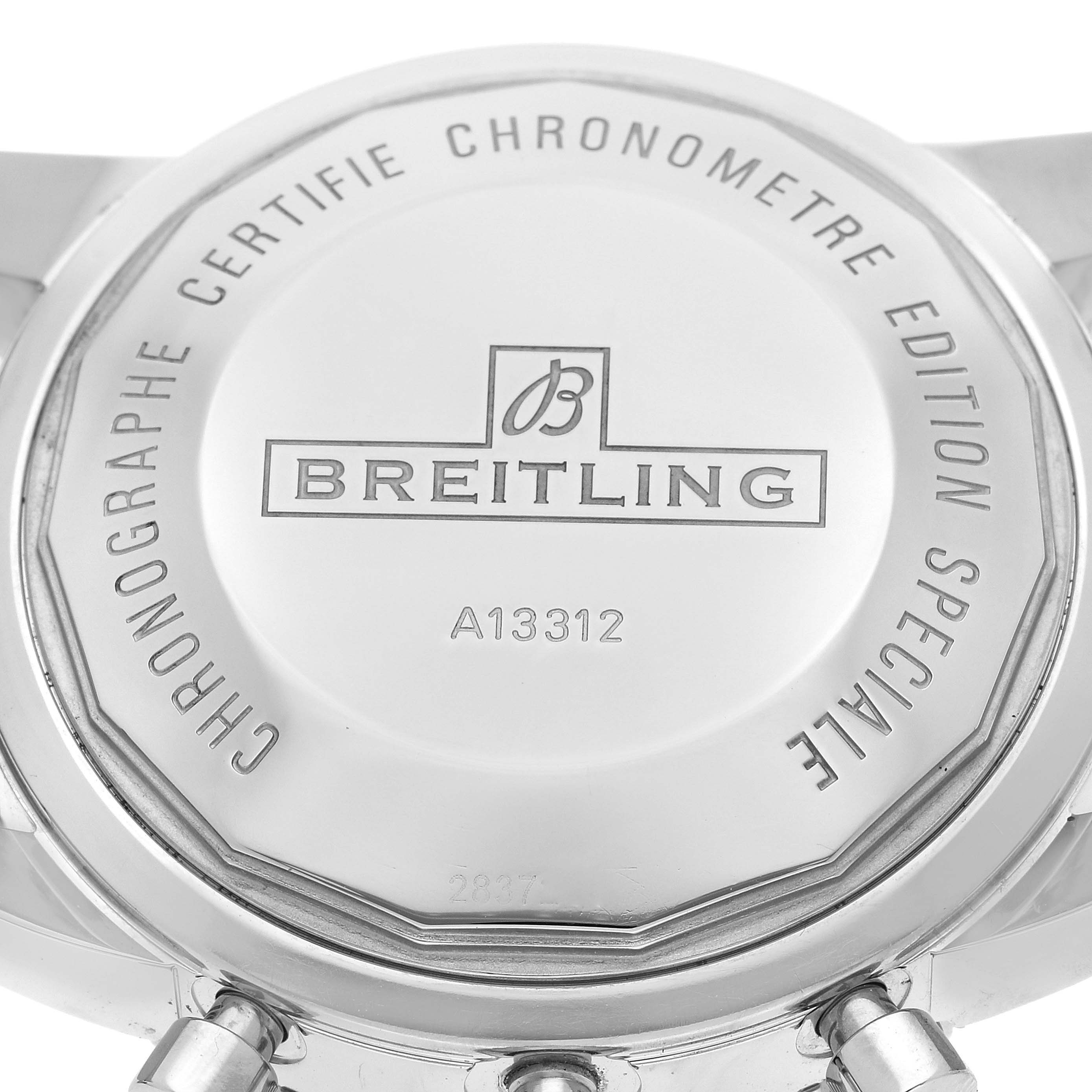 The image shows the back case of a Breitling Superocean A13312 Men's Stainless Steel Brown Dial A13312 Men's Stainless Steel Brown Dial watch, displaying the brand name, model number, and chronometer certification.