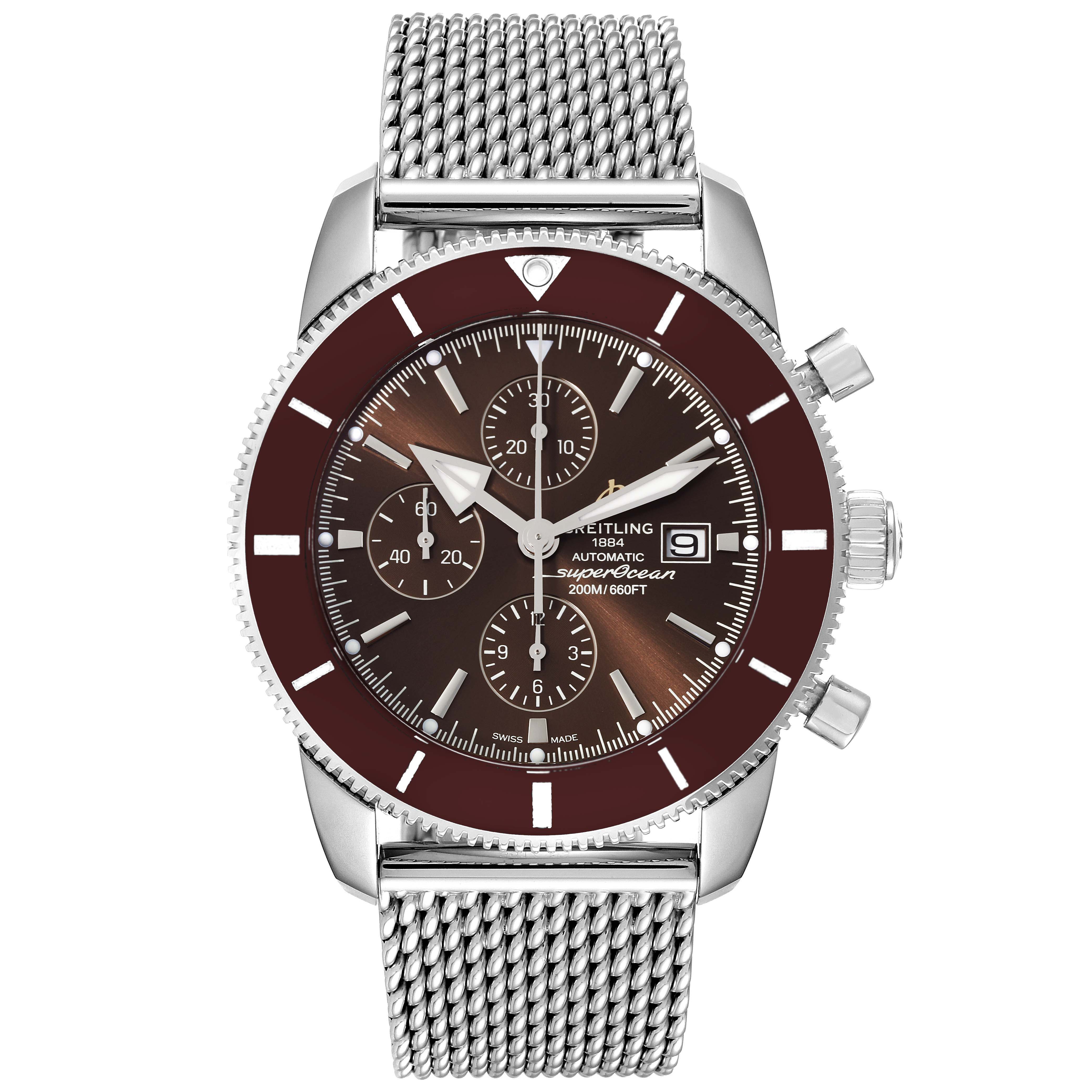 The image shows a front view of a Breitling Superocean A13312 Men's Stainless Steel Brown Dial A13312 Men's Stainless Steel Brown Dial watch with a mesh metal strap and a burgundy bezel.