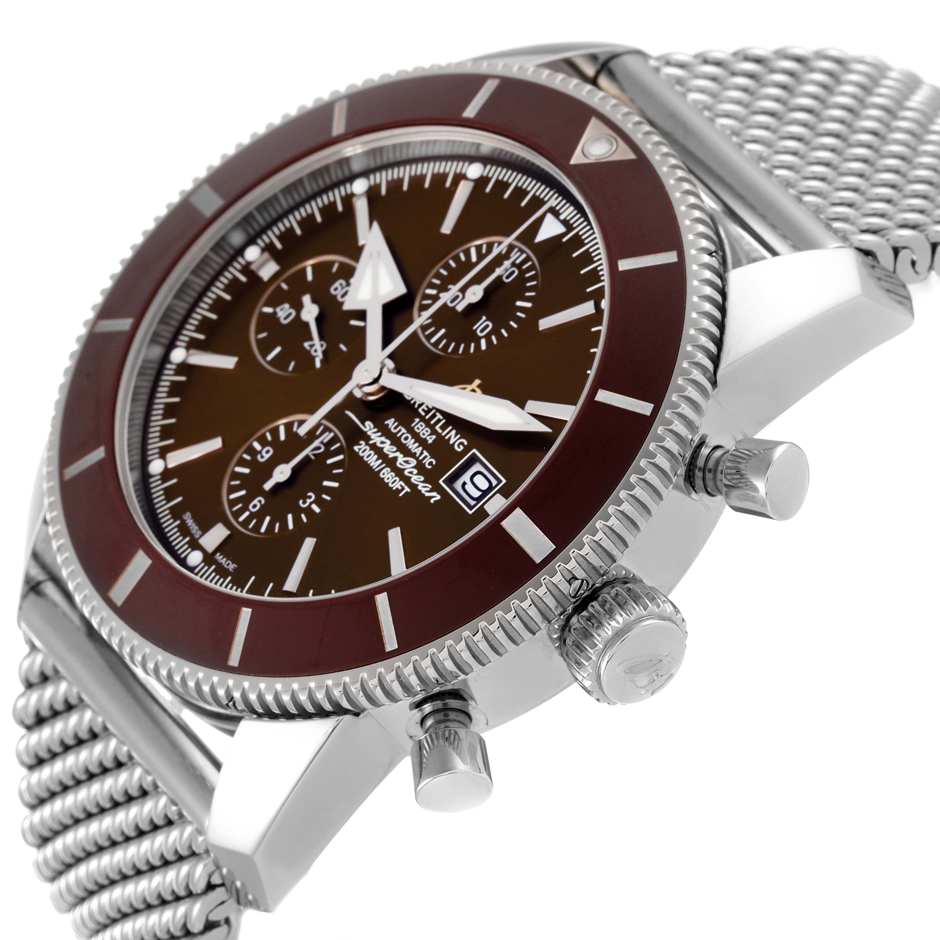 This image shows a side angle view of the Breitling Superocean A13312 Men's Stainless Steel Brown Dial A13312 Men's Stainless Steel Brown Dial watch, highlighting the bezel, crown, pushers, and portion of the strap.
