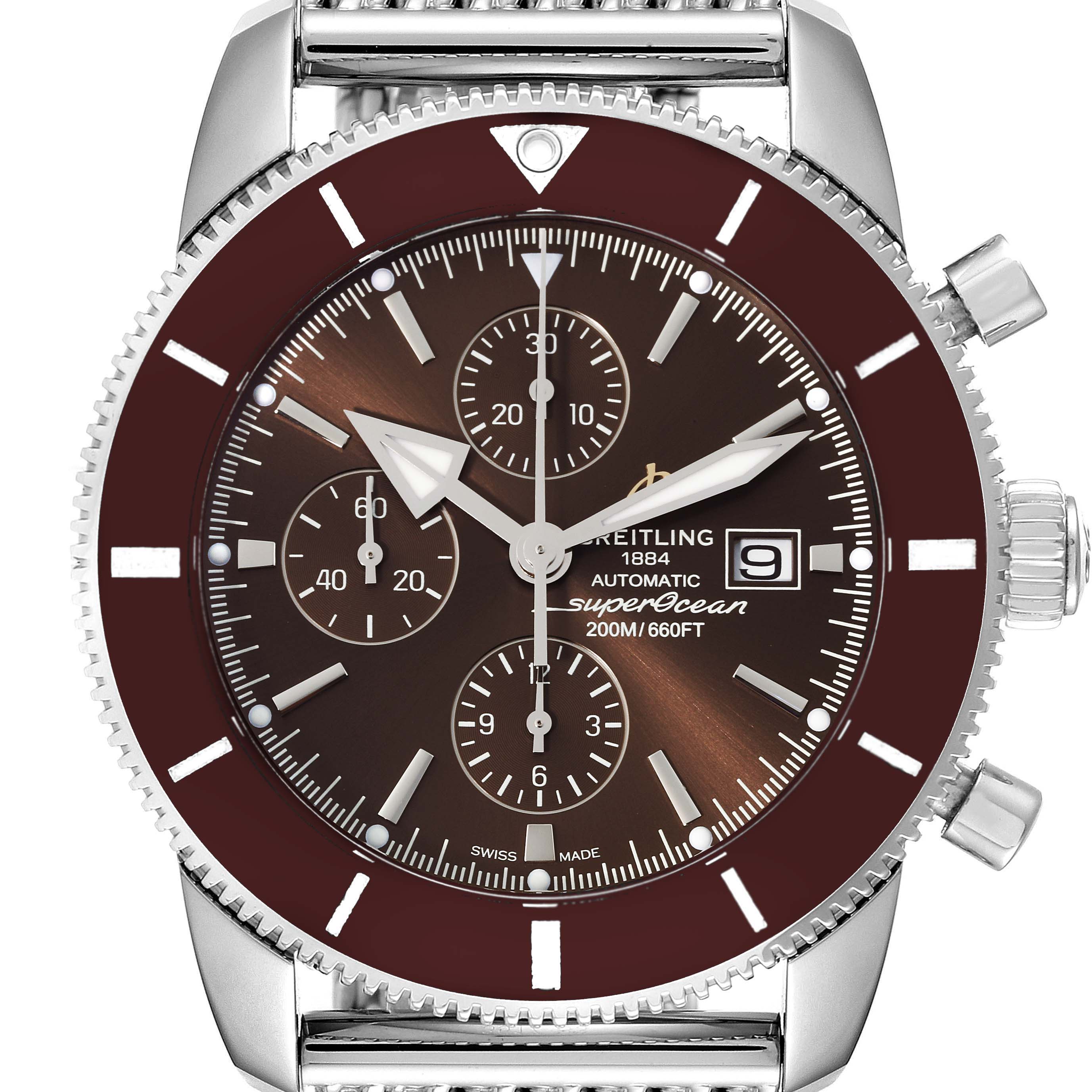This image shows a front view of the Breitling Superocean A13312 Men's Stainless Steel Brown Dial A13312 Men's Stainless Steel Brown Dial watch, highlighting its dial, bezel, and chronograph features.