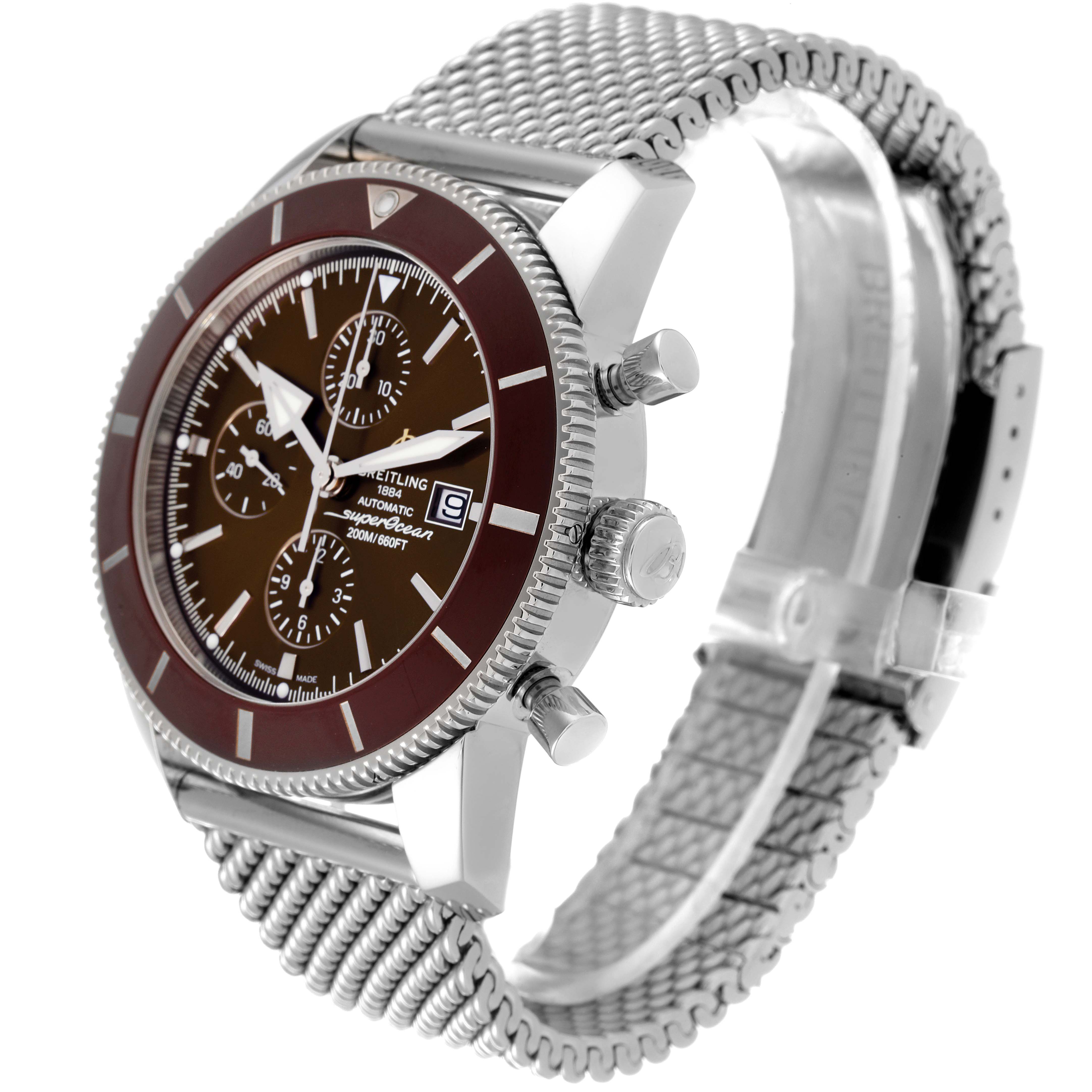 The image shows a Breitling Superocean A13312 Men's Stainless Steel Brown Dial A13312 Men's Stainless Steel Brown Dial watch at a three-quarter angle, highlighting its face, bezel, chronograph dials, and stainless steel mesh bracelet.