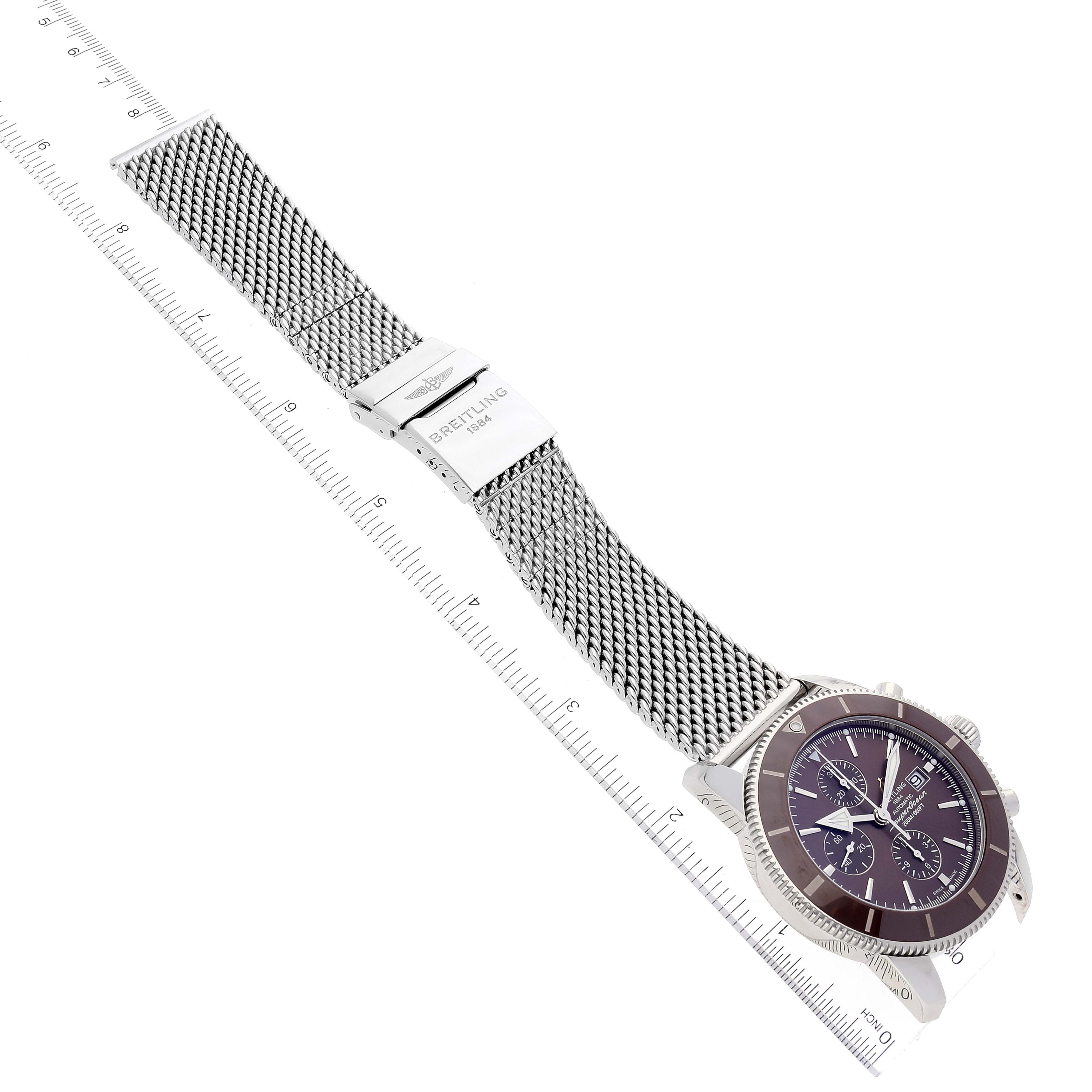 This Breitling Superocean A13312 Men's Stainless Steel Brown Dial A13312 Men's Stainless Steel Brown Dial watch is shown at an angled top-down view highlighting its dial, bezel, and mesh-style bracelet.