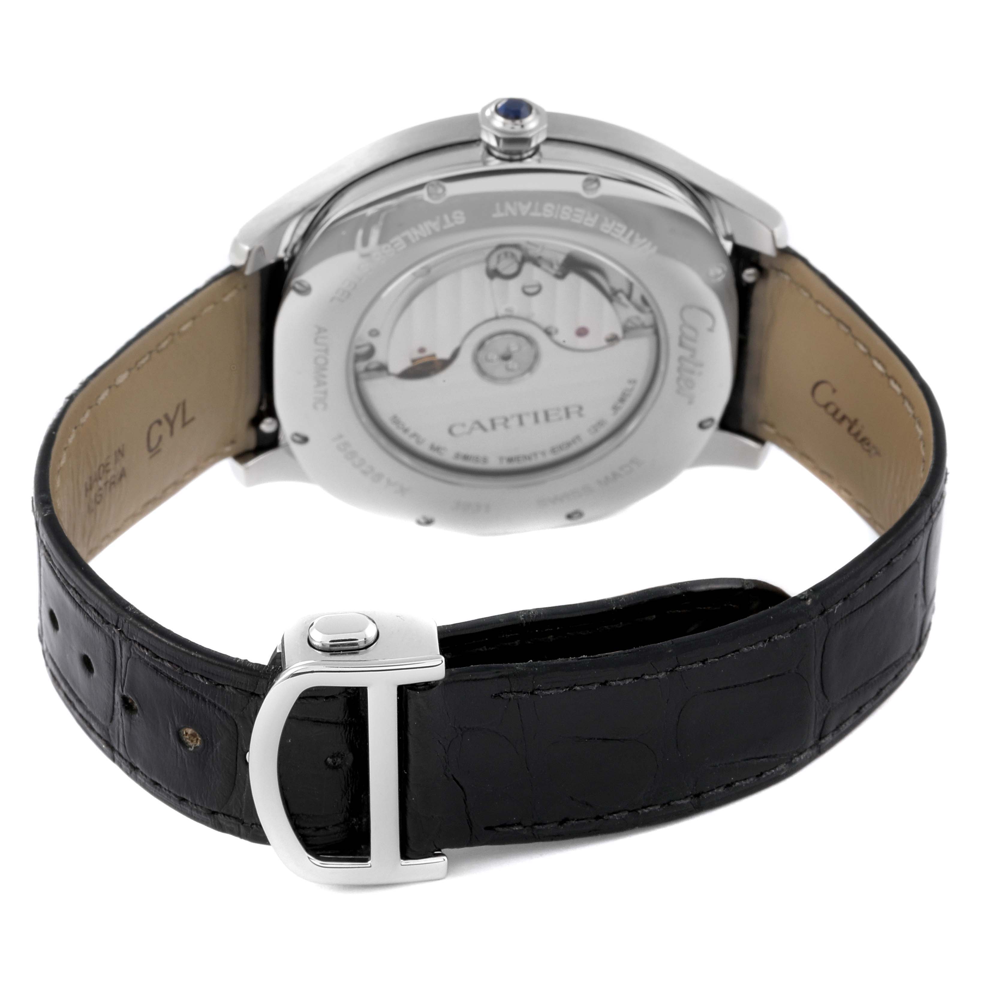 The image showcases the back view of a Drive de Cartier watch by Cartier, highlighting its movement and leather strap.
