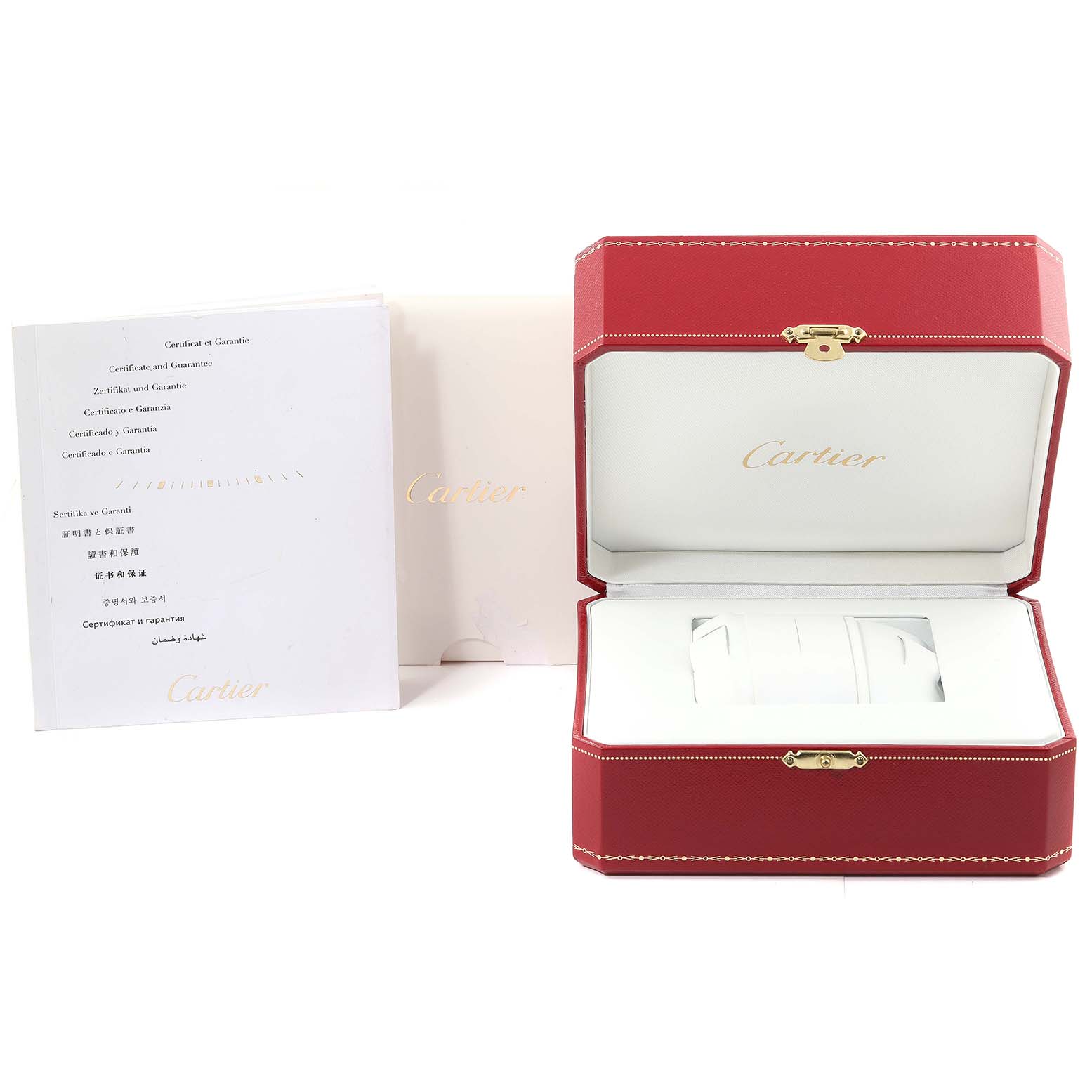 The image shows an open Cartier watch box with documents for the Drive de Cartier model by Cartier.