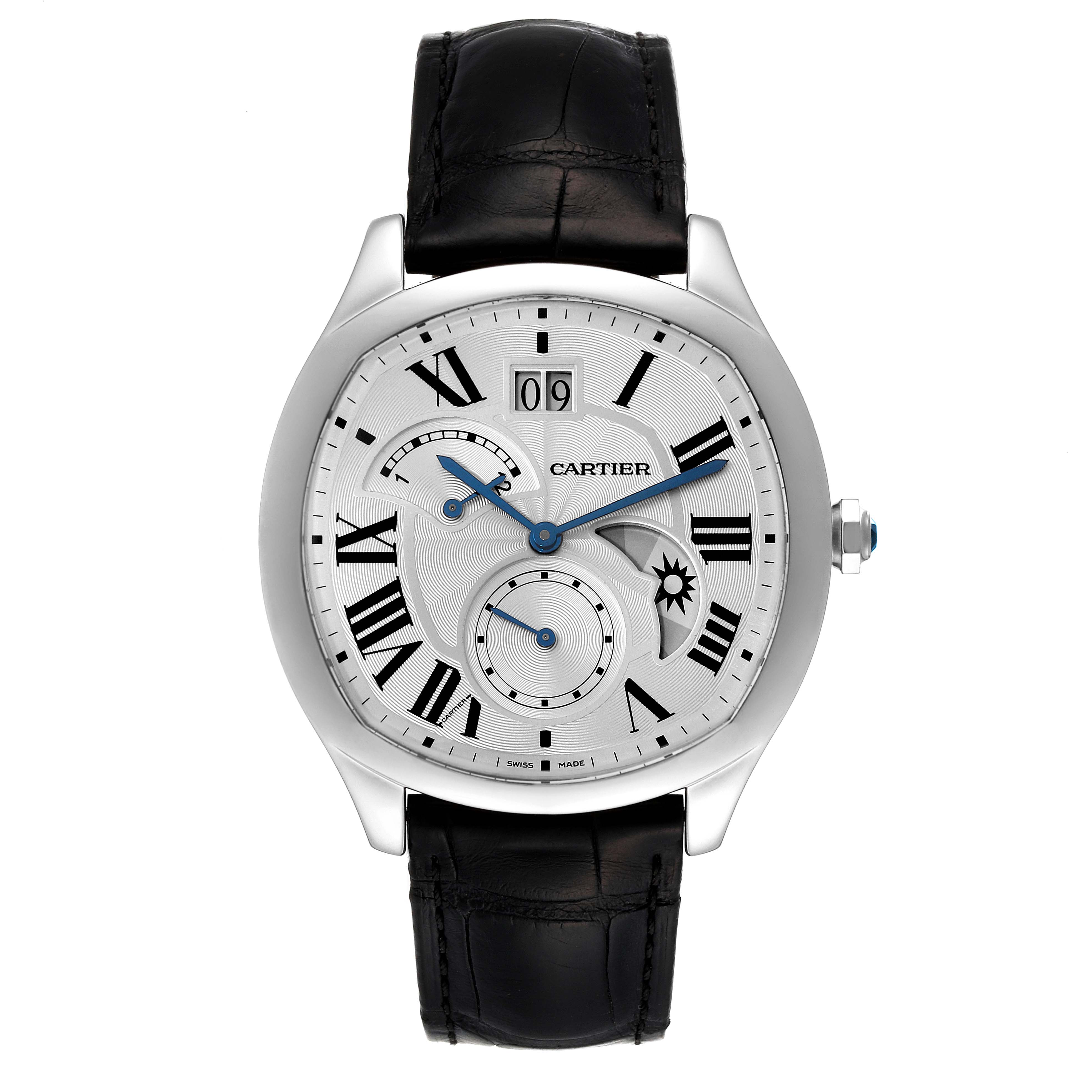 The image shows a Drive de Cartier watch by Cartier from a front angle, displaying its dial, case, and leather strap.