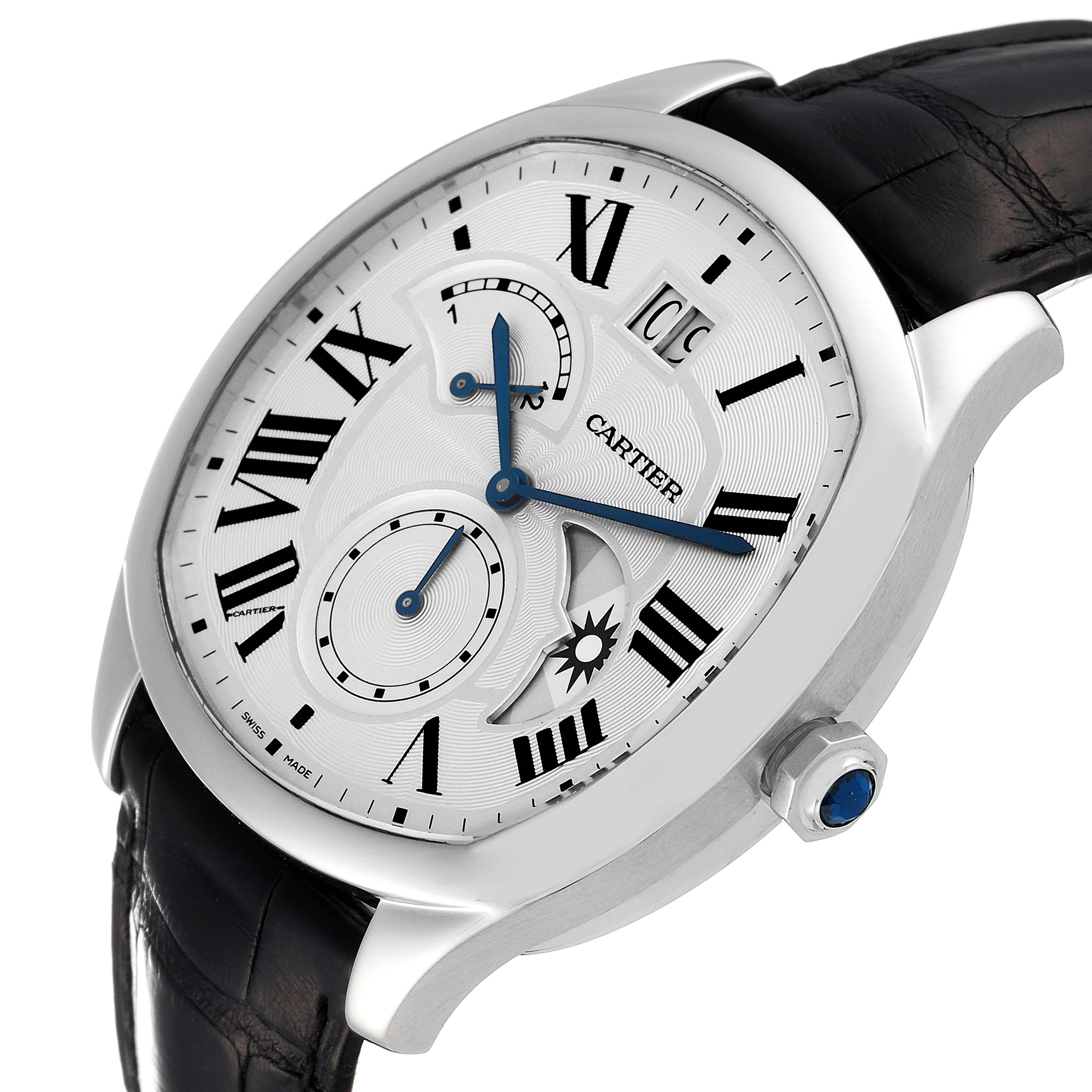 This image shows the Drive de Cartier watch by Cartier at a slightly tilted angle, highlighting the face, Roman numerals, and side crown with a blue stone.
