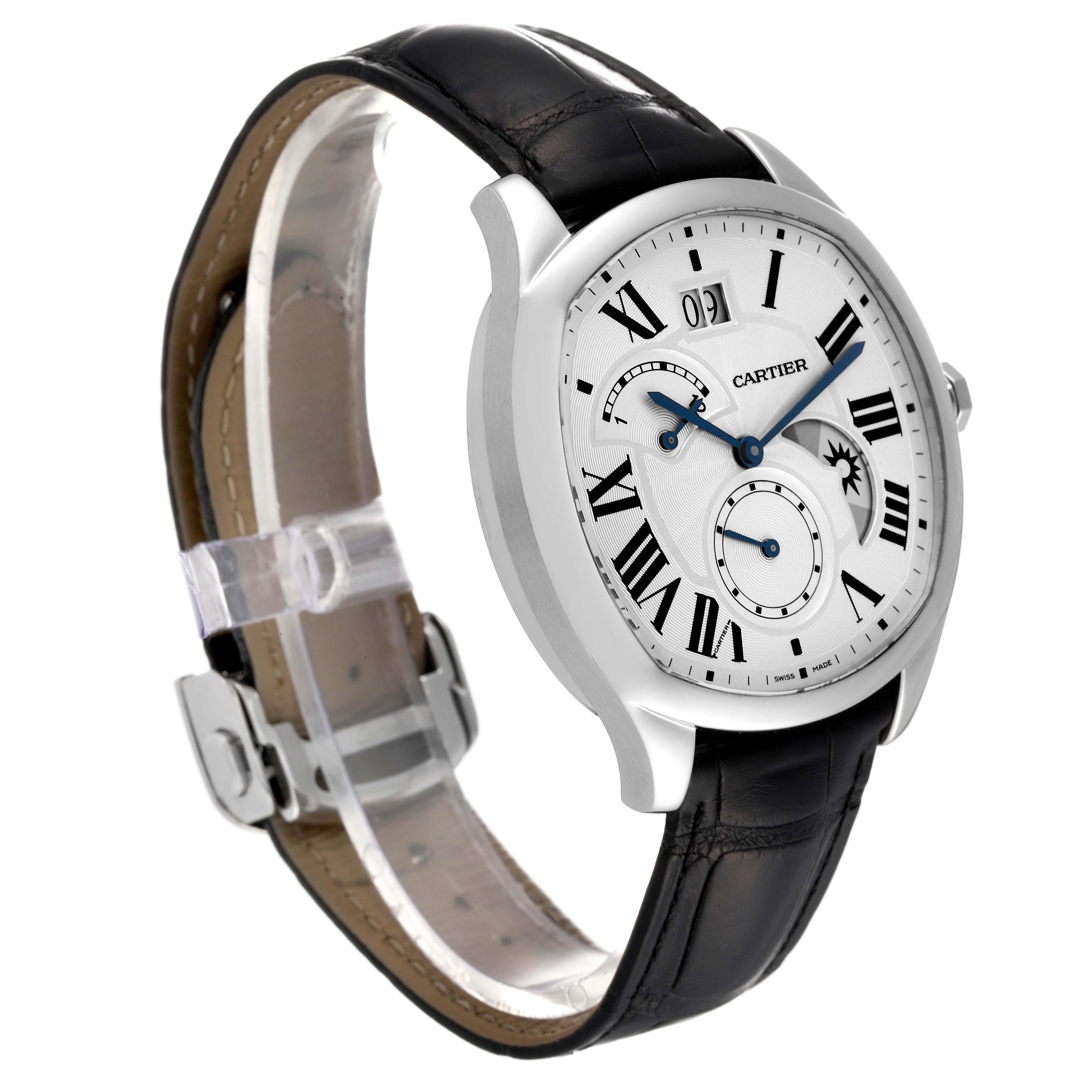 The image displays a side and front view of the Drive de Cartier model by Cartier, highlighting its face, dial, and leather strap.