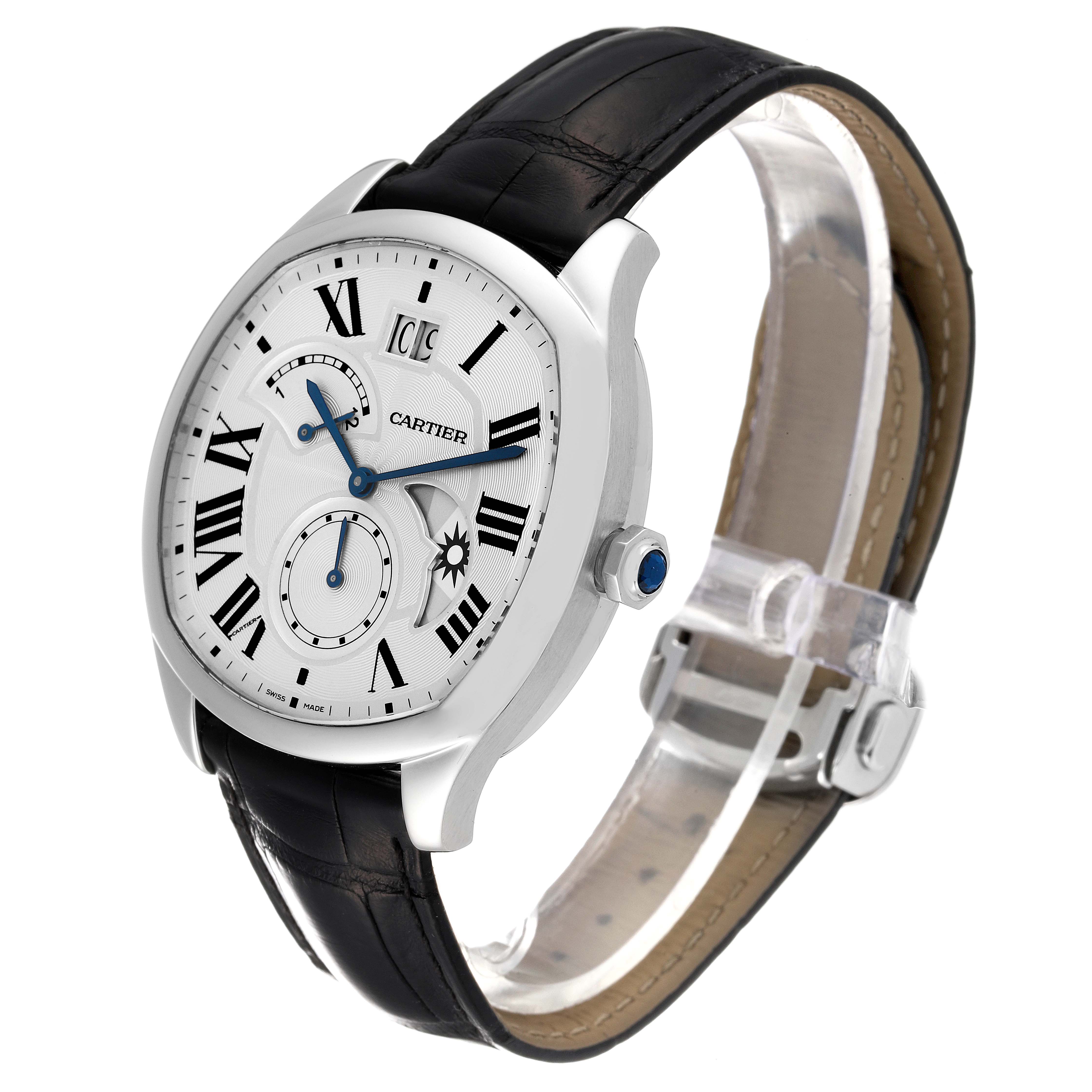 This Drive de Cartier watch by Cartier is shown at a three-quarter angle, highlighting its dial, case, crown, and leather strap.