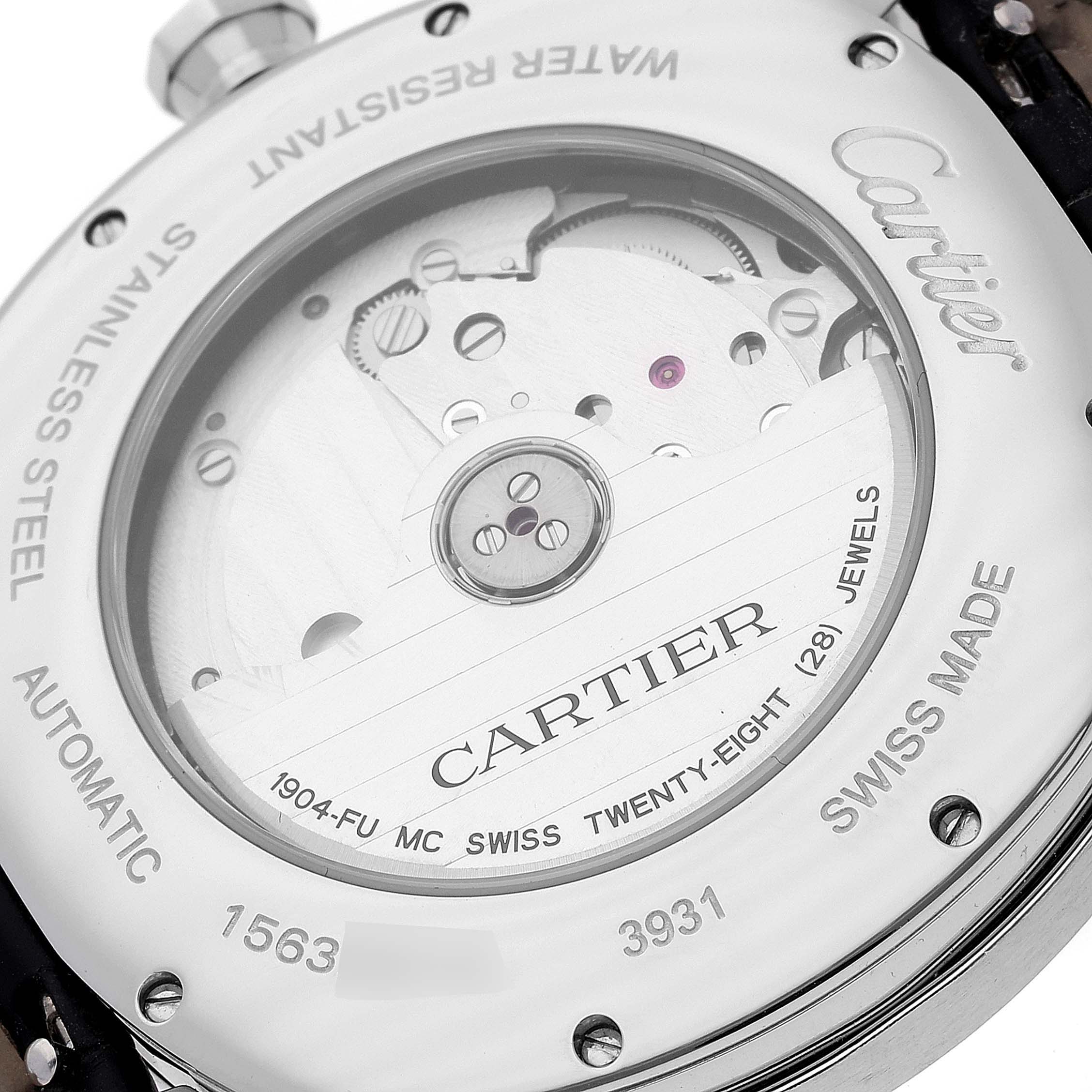 The image shows the back case of the Drive de Cartier watch by Cartier, featuring detailed engravings and the internal mechanism.