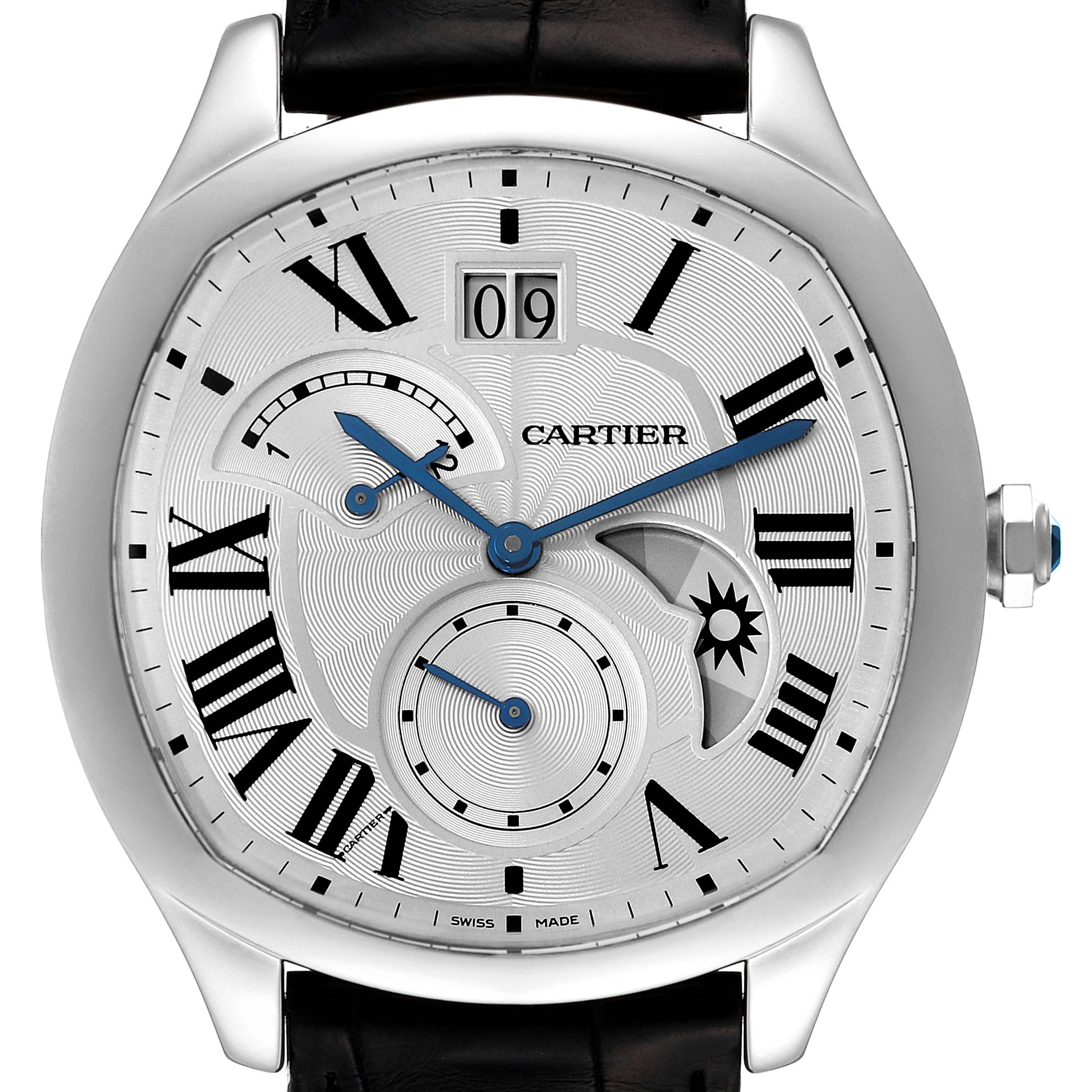 This image shows a Drive de Cartier watch by Cartier from a front angle, highlighting its dial and Roman numerals.