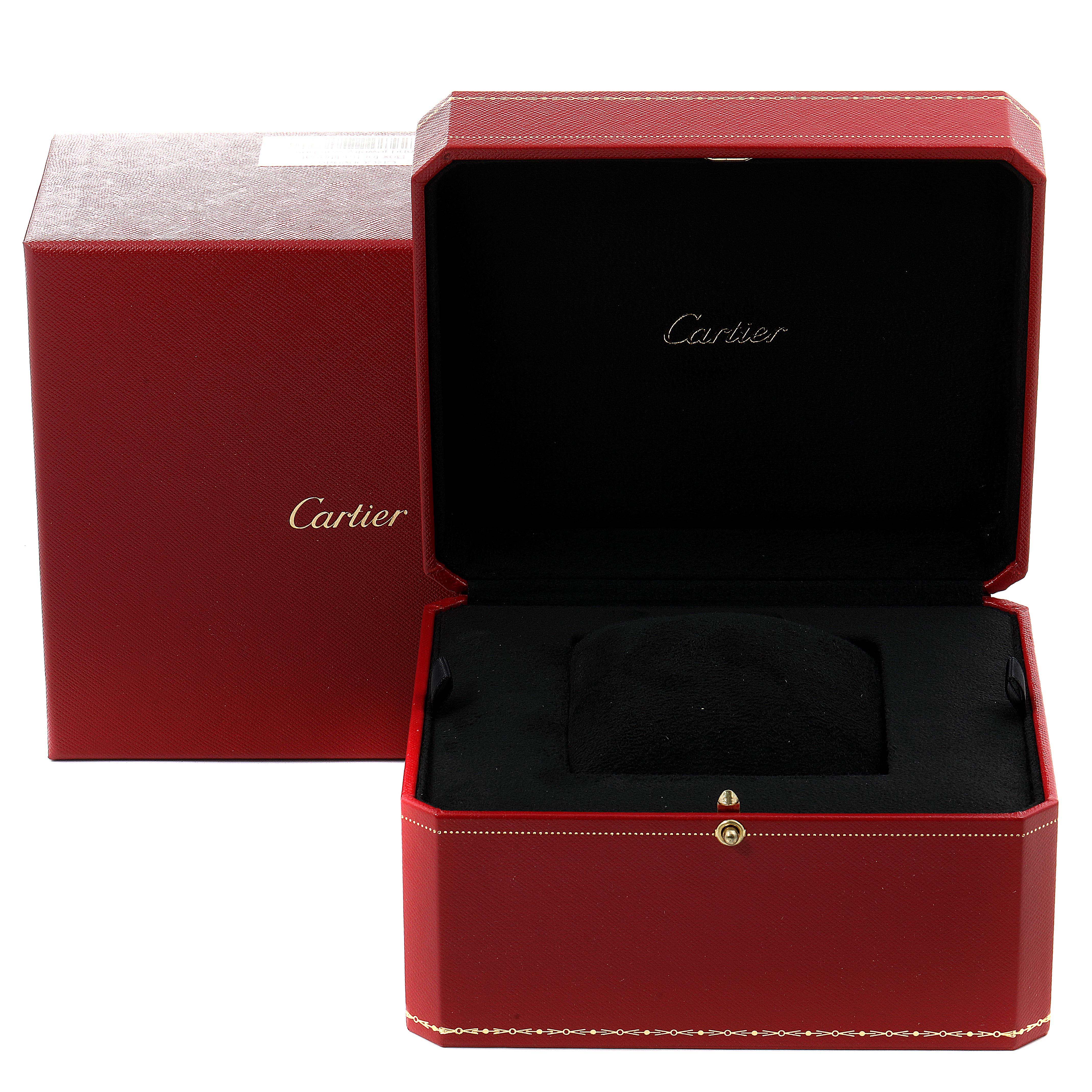 The image shows the open red box and outer packaging for the Cartier Panthere W25014B9 Men's Yellow Gold Silver Dial W25014B9 Men's Yellow Gold Silver Dial model watch.