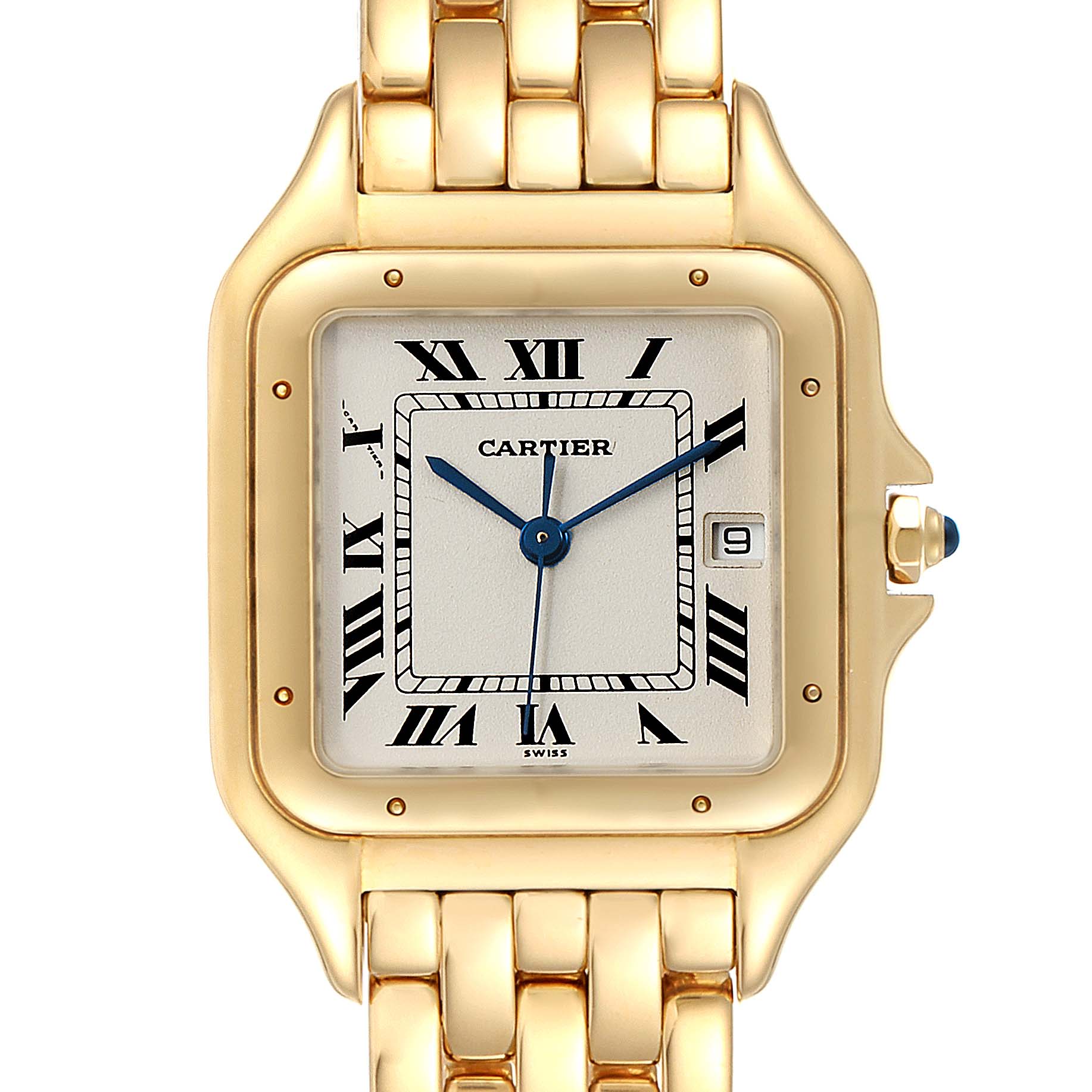 The image shows a front view of the Cartier Panthere W25014B9 Men's Yellow Gold Silver Dial W25014B9 Men's Yellow Gold Silver Dial model watch, highlighting its gold case, Roman numeral dial, and link bracelet.
