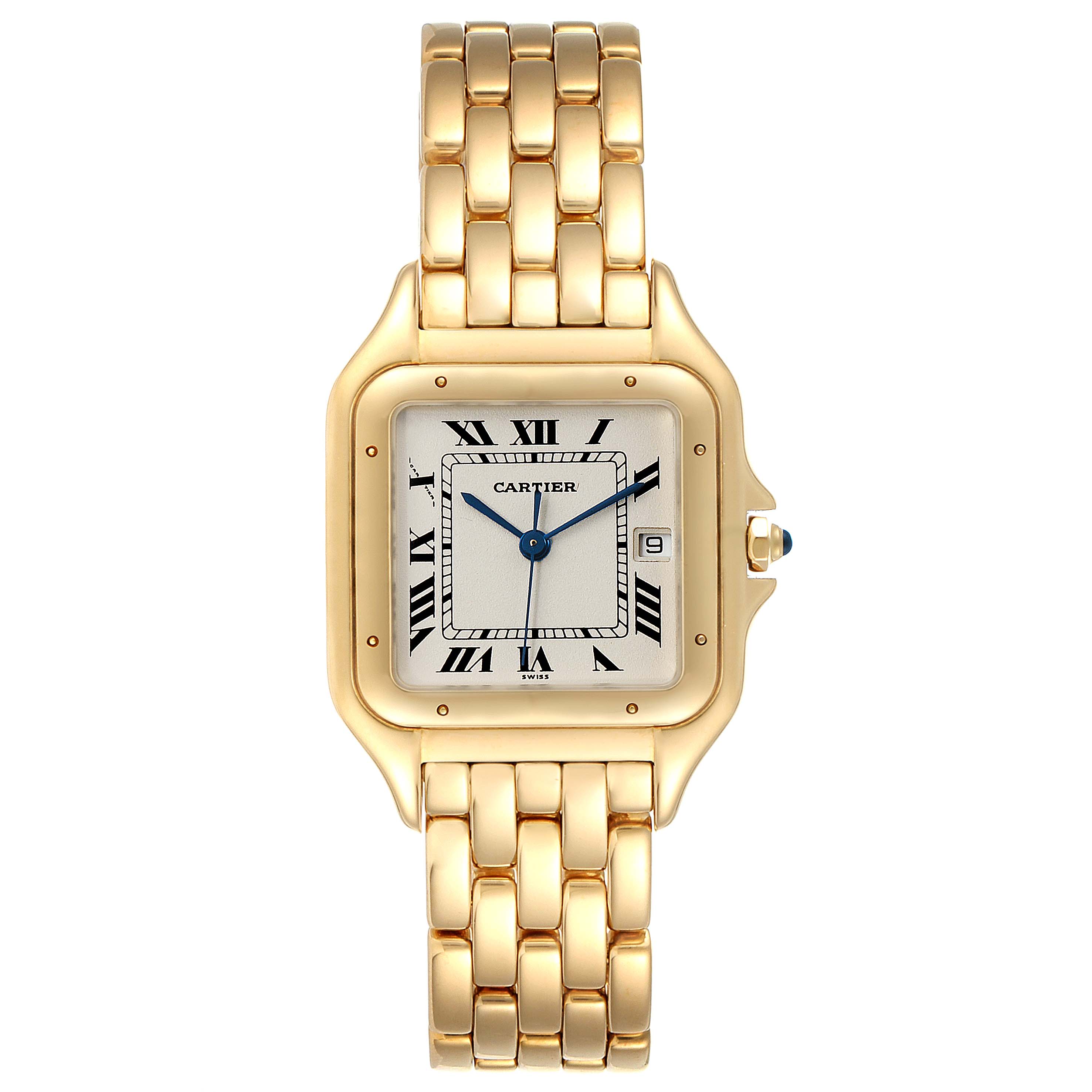 The image shows a front view of a Cartier Panthère model watch featuring its square face and gold bracelet.