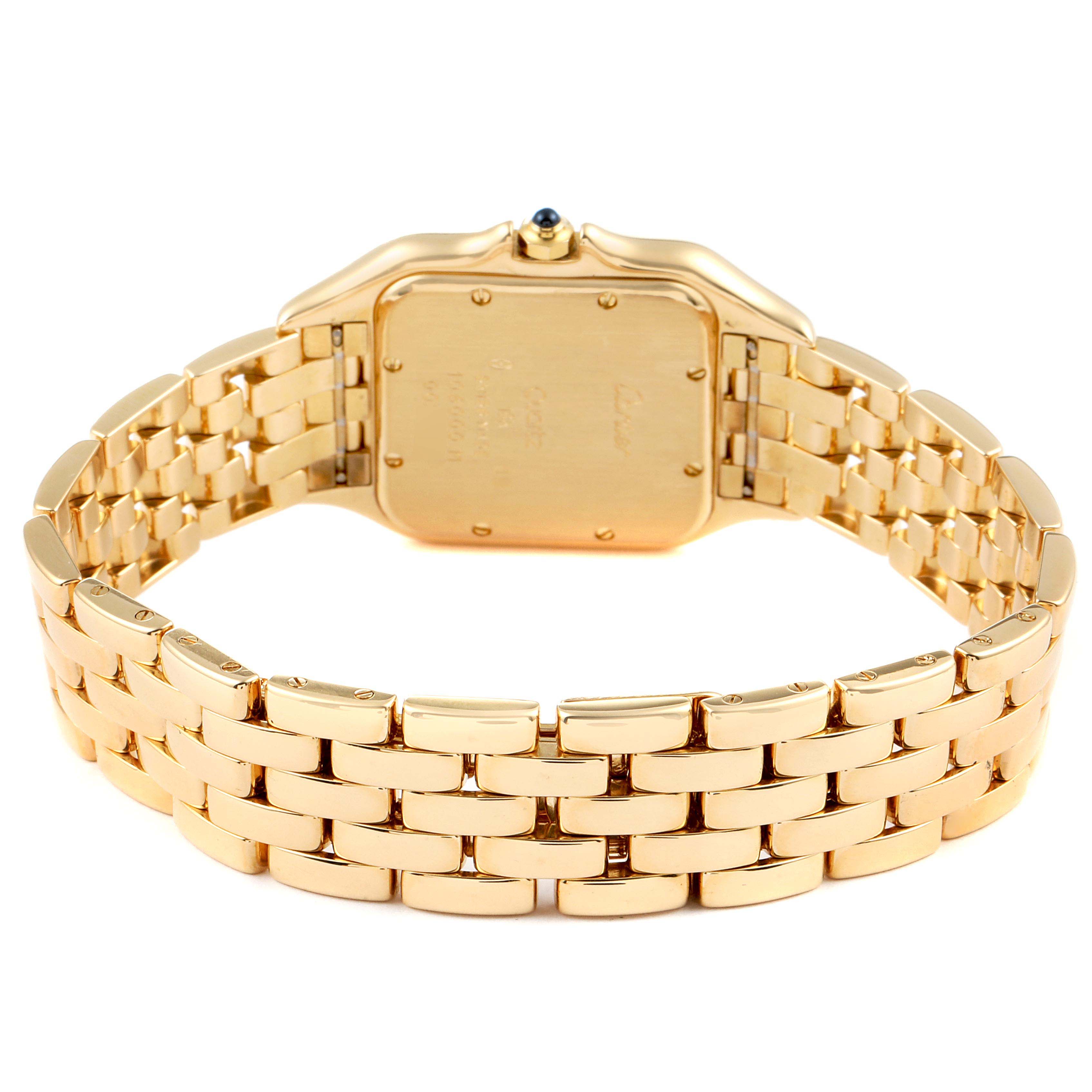 The image shows the back case and gold bracelet of a Cartier Panthere W25014B9 Men's Yellow Gold Silver Dial W25014B9 Men's Yellow Gold Silver Dial watch, viewed from the rear.