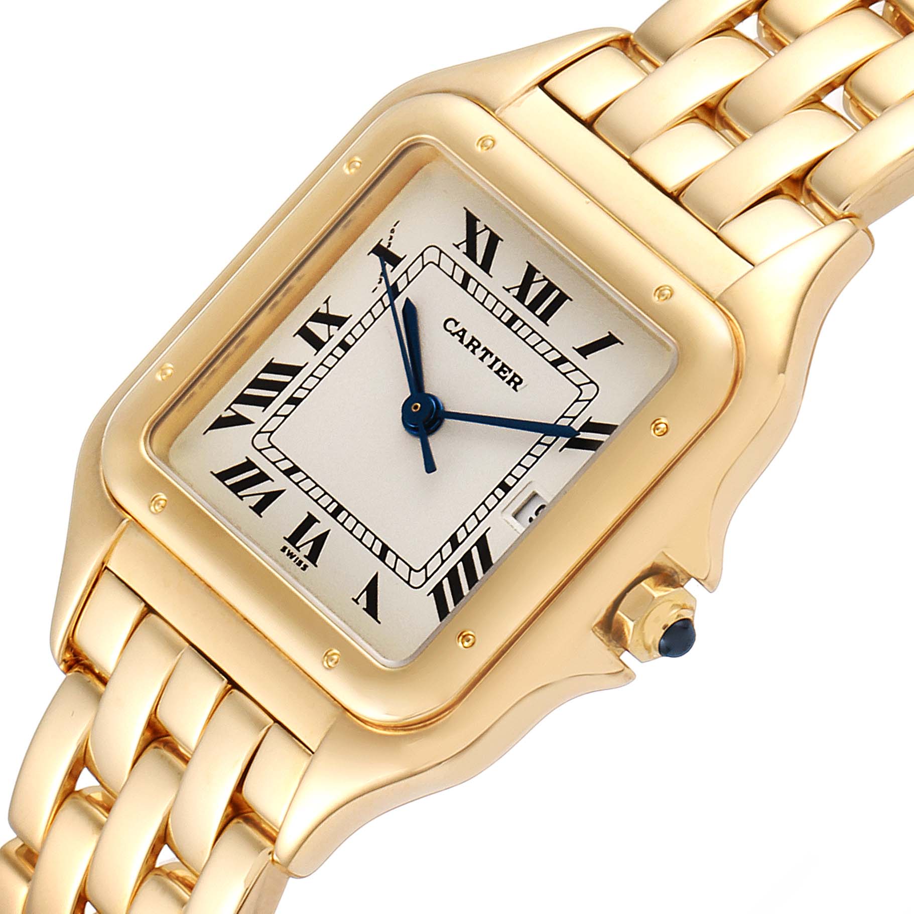 The Cartier Panthere W25014B9 Men's Yellow Gold Silver Dial W25014B9 Men's Yellow Gold Silver Dial watch is shown at an angled close-up, highlighting its gold case, blue hands, and Roman numeral dial.