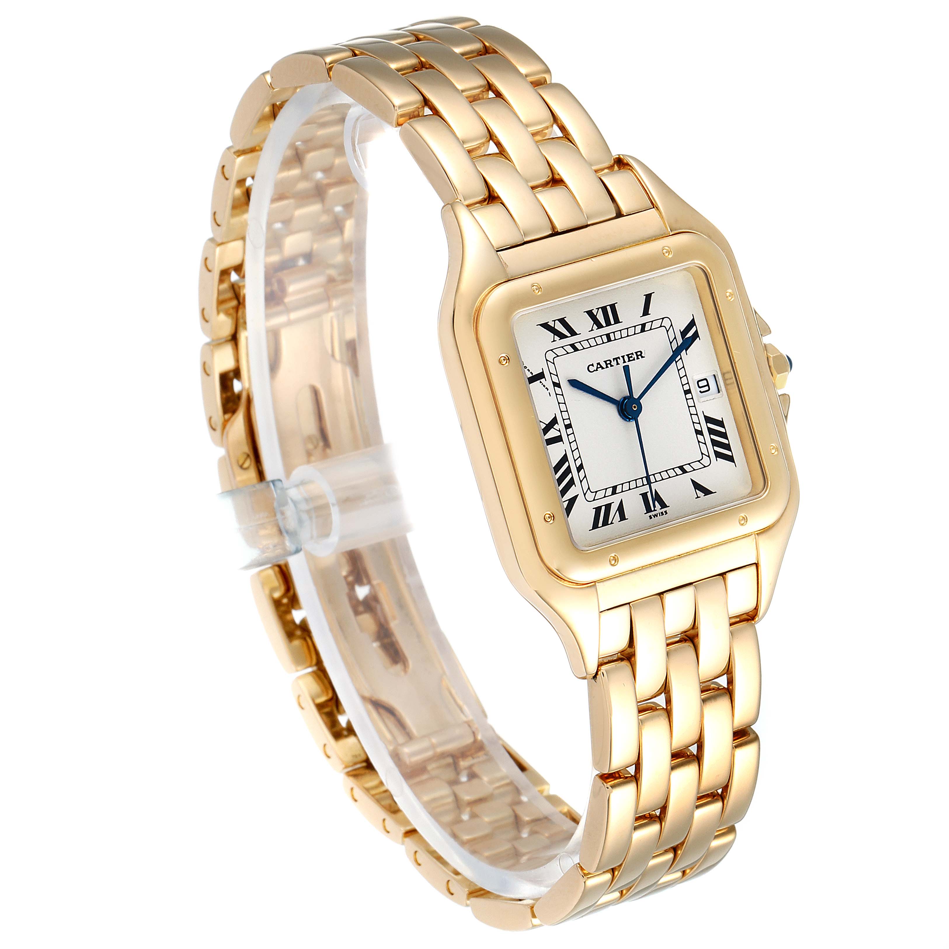 The image shows a Panthere de Cartier watch in gold from a slight side angle, displaying the face, bezel, and bracelet.