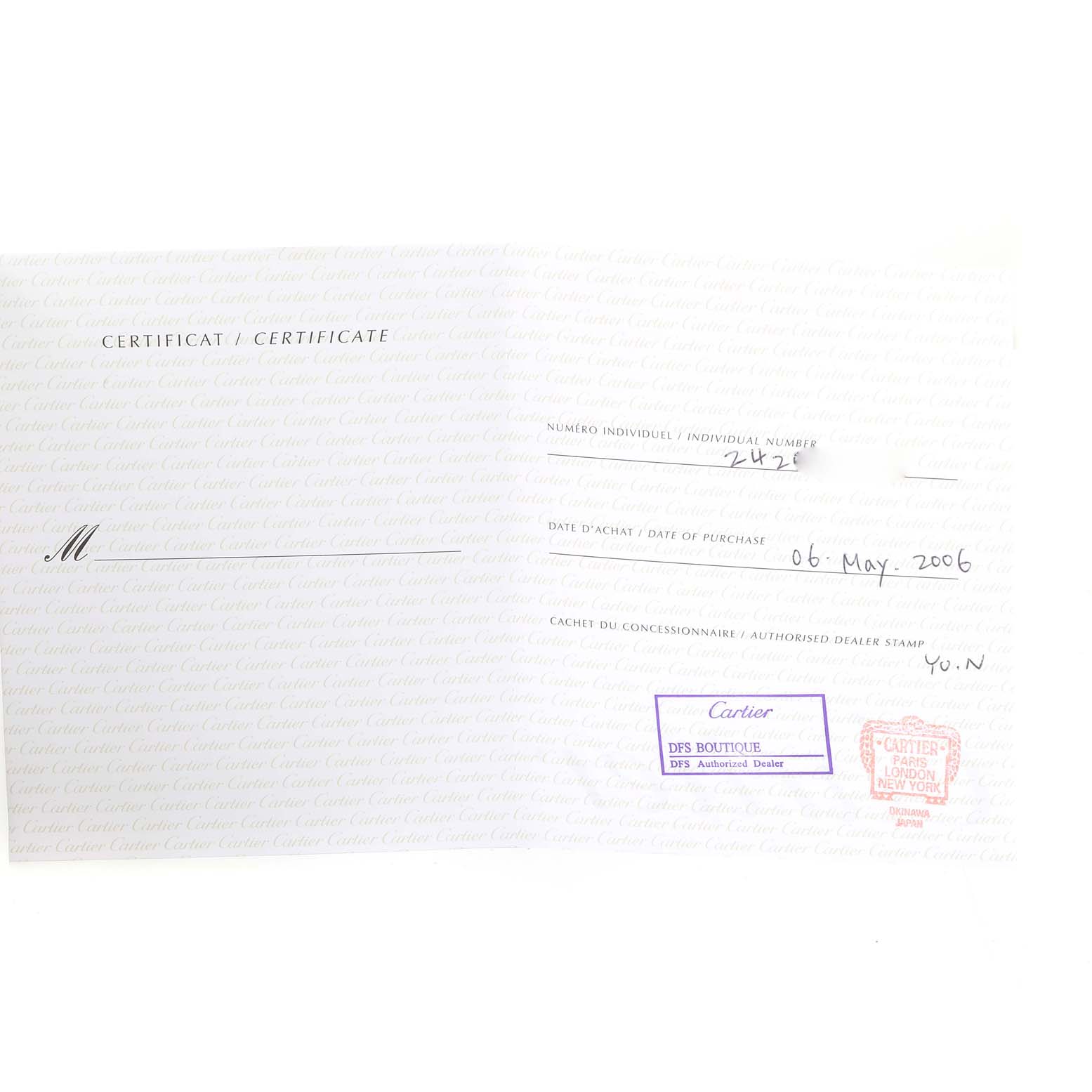 This is the certificate of Best Quality
ity for a Cartier Roadster W62041V3 Men
s Stainless Steel Black Dial W62041V3 Men
s Stainless Steel Black Dial watch dated 06 May 2006.