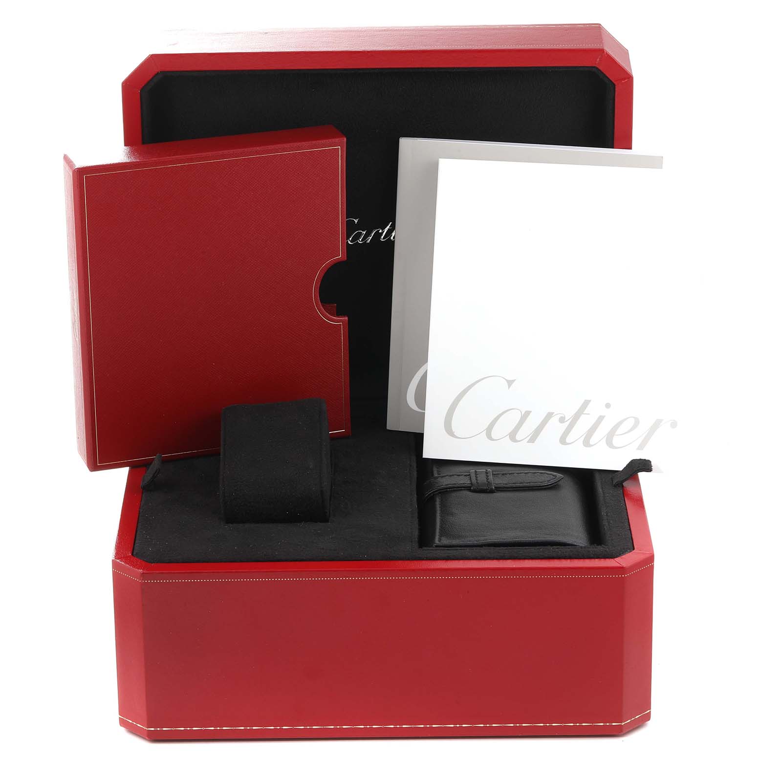 This image shows an open Cartier Roadster W62041V3 Men
s Stainless Steel Black Dial W62041V3 Men
s Stainless Steel Black Dial watch box with a booklet, cardholder, and watch pillow inside.
