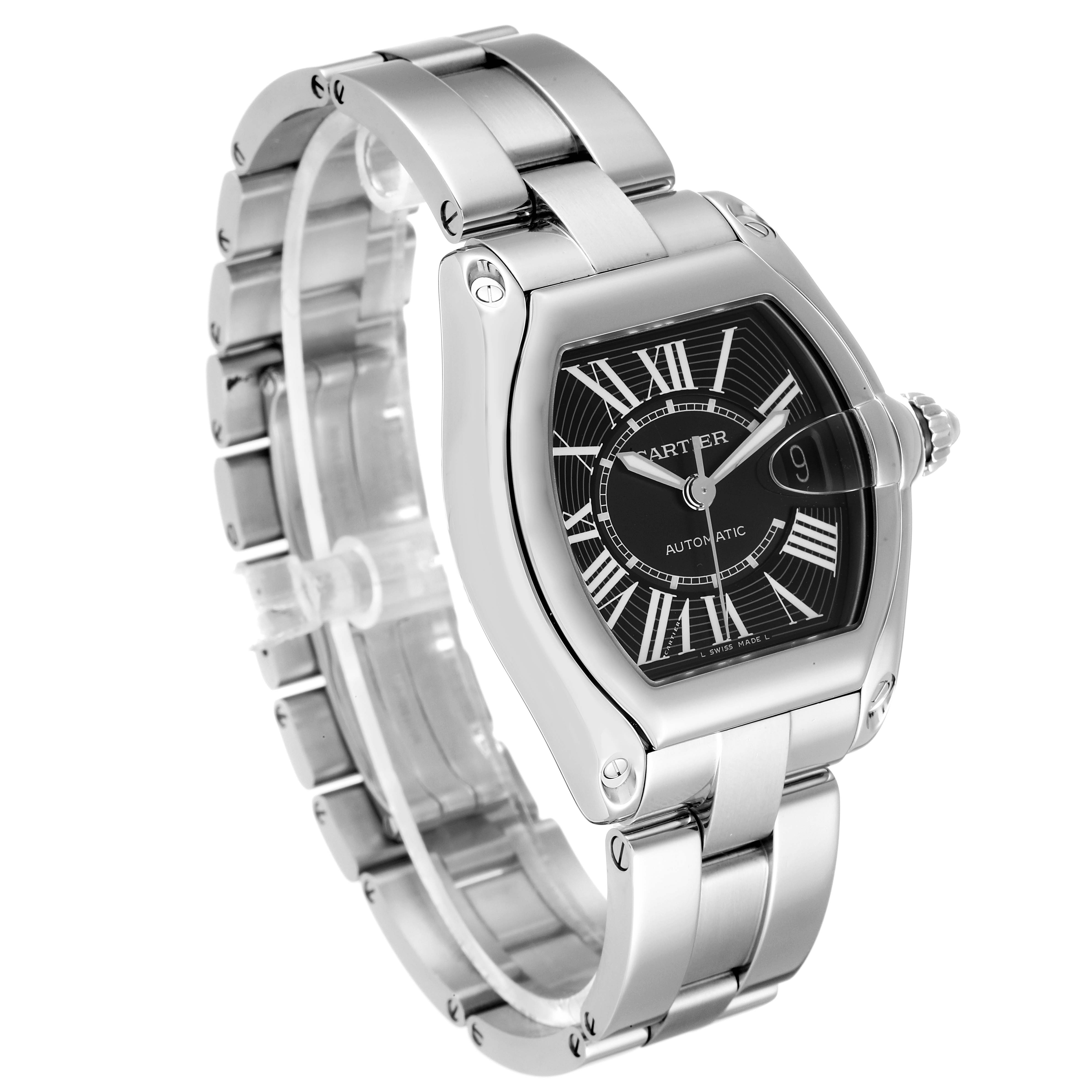 This is a top-front angled view of a Cartier Roadster W62041V3 Men
s Stainless Steel Black Dial W62041V3 Men
s Stainless Steel Black Dial watch, showing the face, bracelet, and crown.