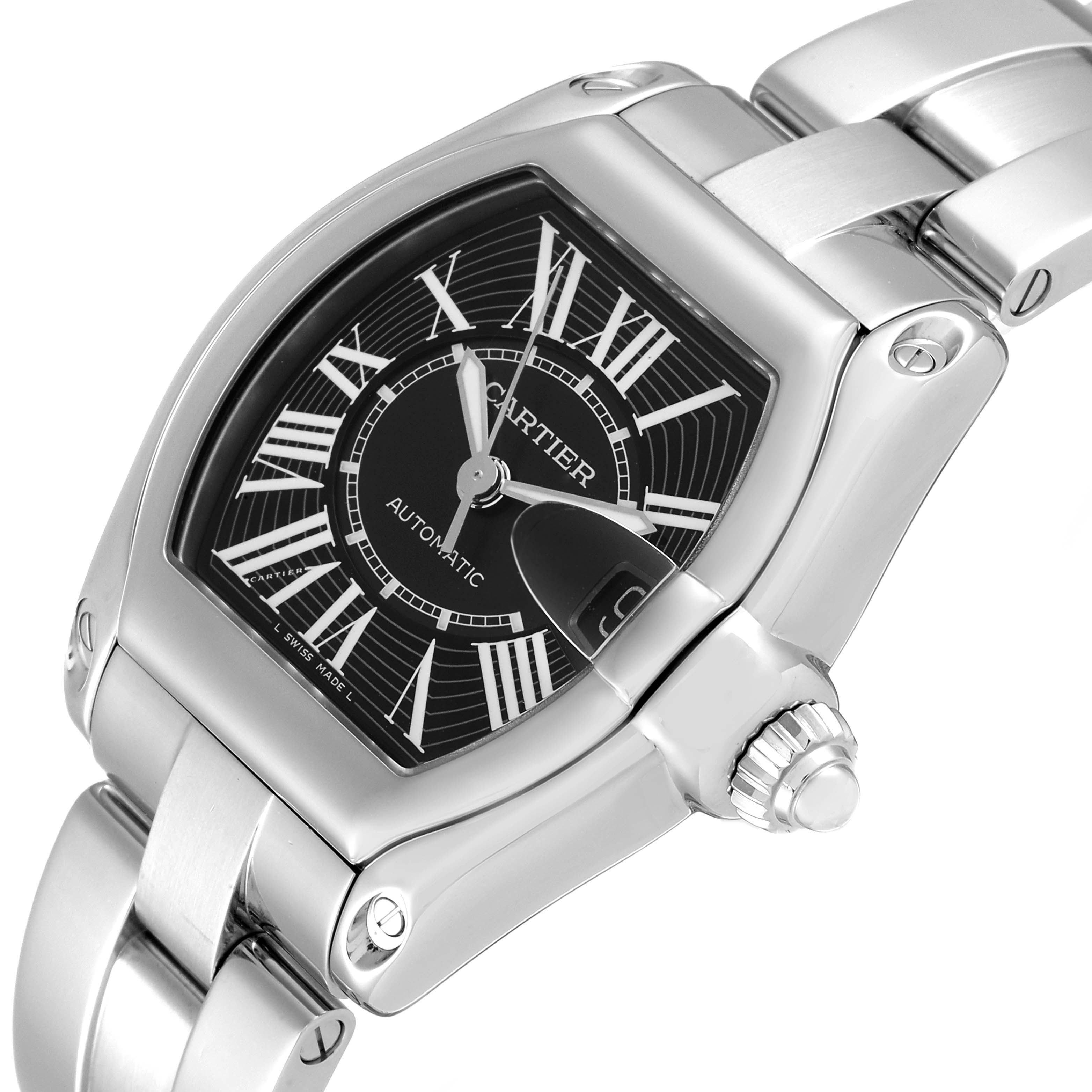 This image shows a close-up, angled view of a Cartier Roadster W62041V3 Men
s Stainless Steel Black Dial W62041V3 Men
s Stainless Steel Black Dial watch, highlighting its dial, crown, and part of the bracelet.