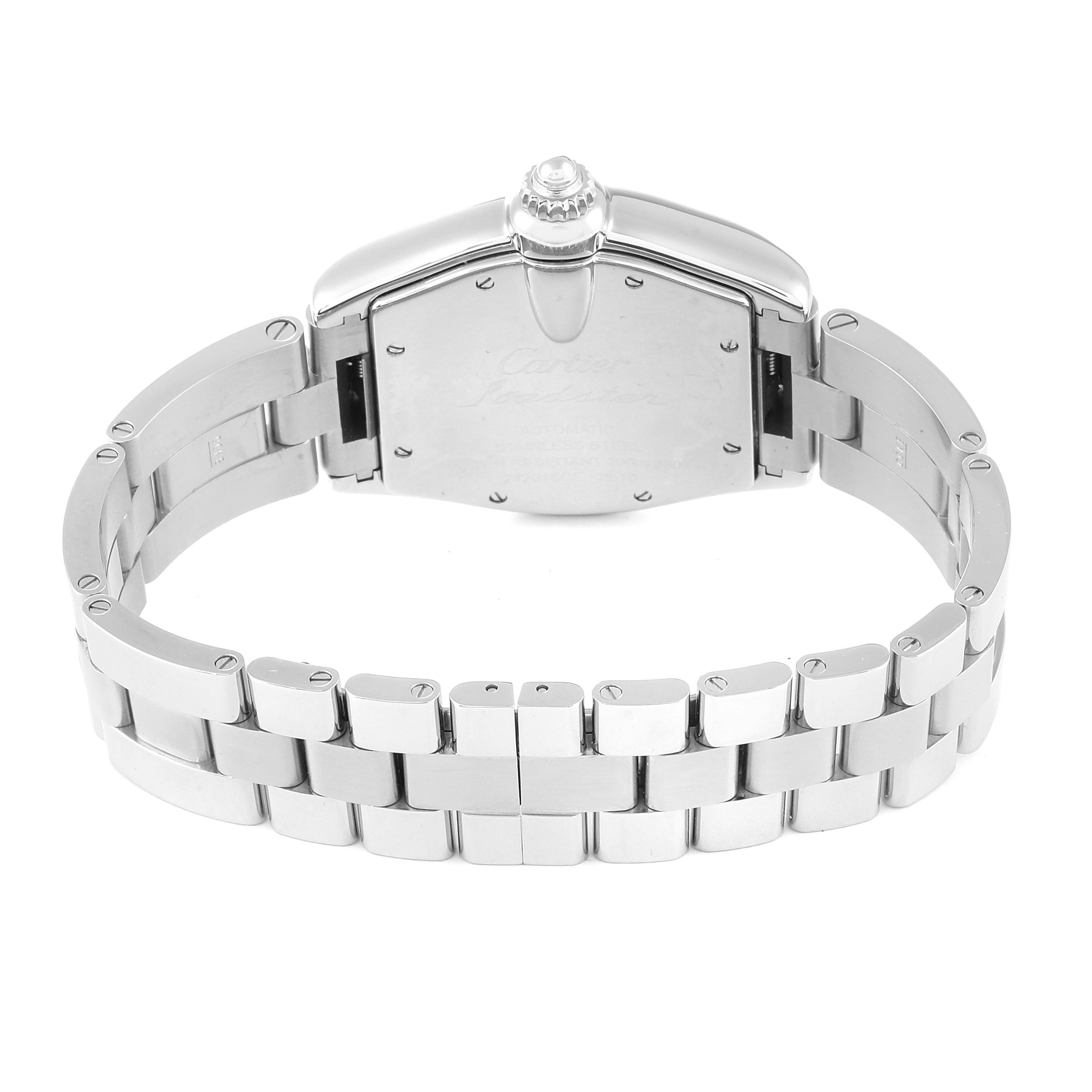 The image shows the back of the Cartier Roadster W62041V3 Men
s Stainless Steel Black Dial W62041V3 Men
s Stainless Steel Black Dial watch, highlighting the case back and metal bracelet.