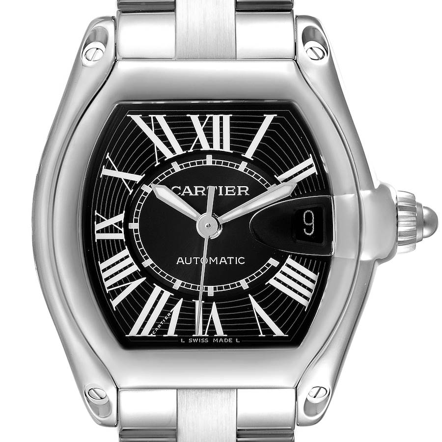 Cartier Roadster Black Dial Large Steel Mens Watch W62041V3 Box Papers SwissWatchExpo