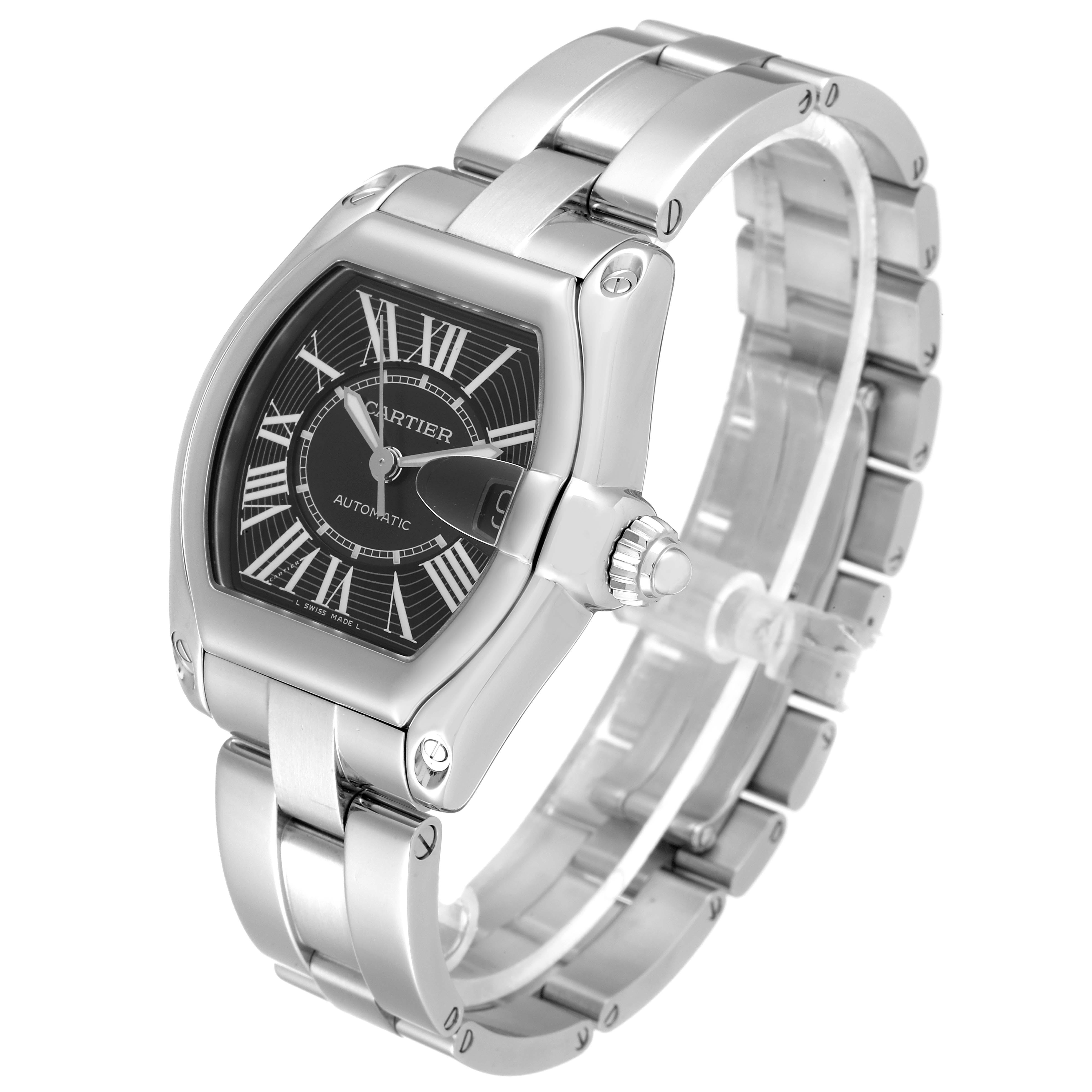 This image shows the Cartier Roadster W62041V3 Men
s Stainless Steel Black Dial W62041V3 Men
s Stainless Steel Black Dial watch at an oblique angle, highlighting its face, case, and metal bracelet.