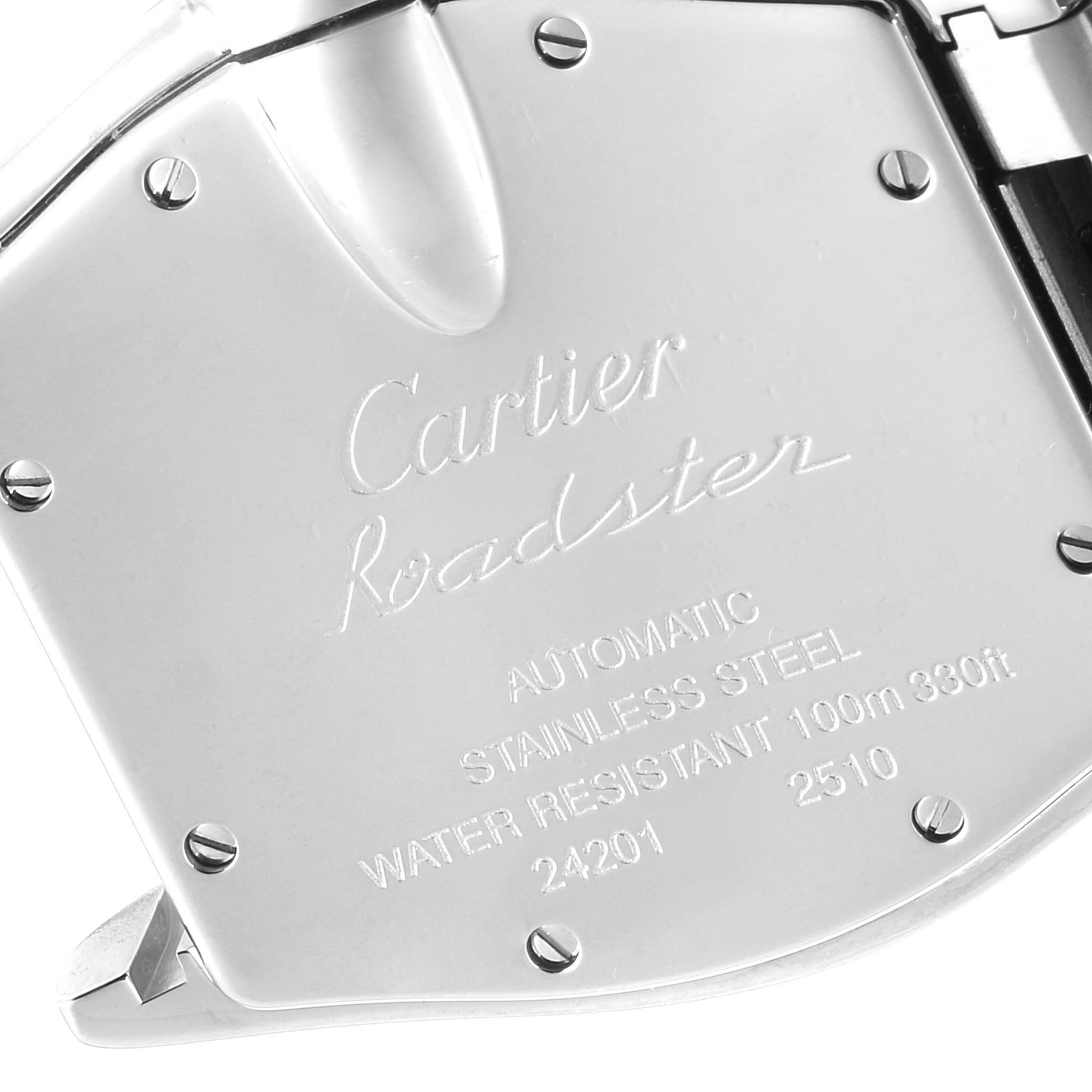 This image shows the back cover of a Cartier Roadster W62041V3 Men
s Stainless Steel Black Dial W62041V3 Men
s Stainless Steel Black Dial watch with details about the model and specifications.